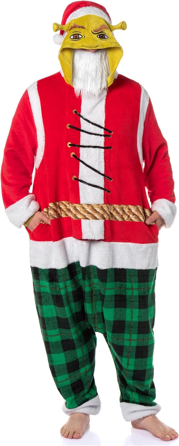 INTIMO Shrek The Halls Ogre Christmas Santa Adult Unisex Pajamas Fleece Hooded Holiday Kigurumi Union Suit