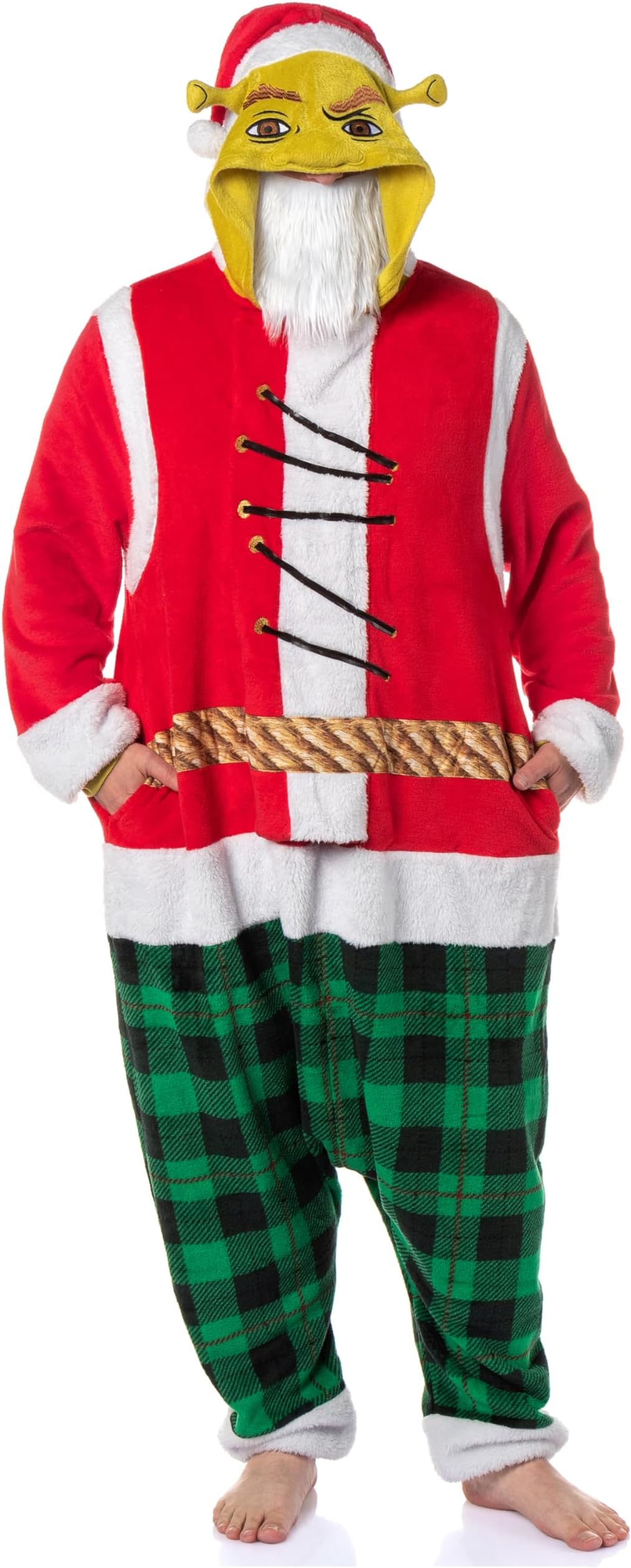 INTIMO Shrek Santa Adult Unisex Fleece Hooded Kigurumi Costume Pajama Union Suit for Men and Women