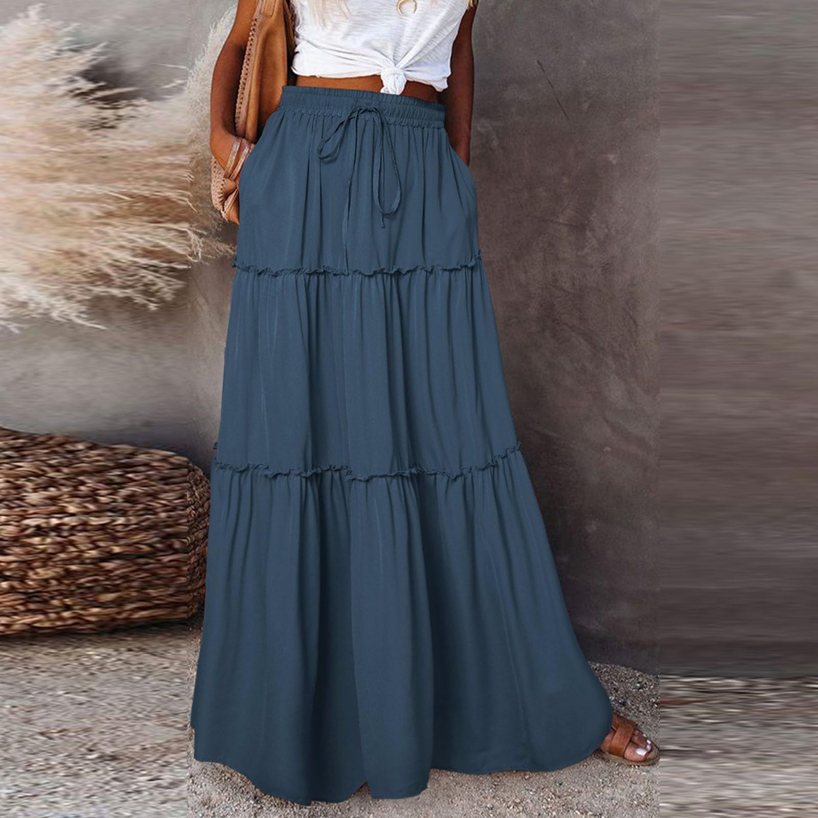 Silk Long Skirts for Women Maxi Tiered Elastic High Waisted Drawstring Pleated Dance Flowy a Line Skirt with Pockets Boho Ankle Summer Black Boho Skirt Long Skirts for Women Trendy