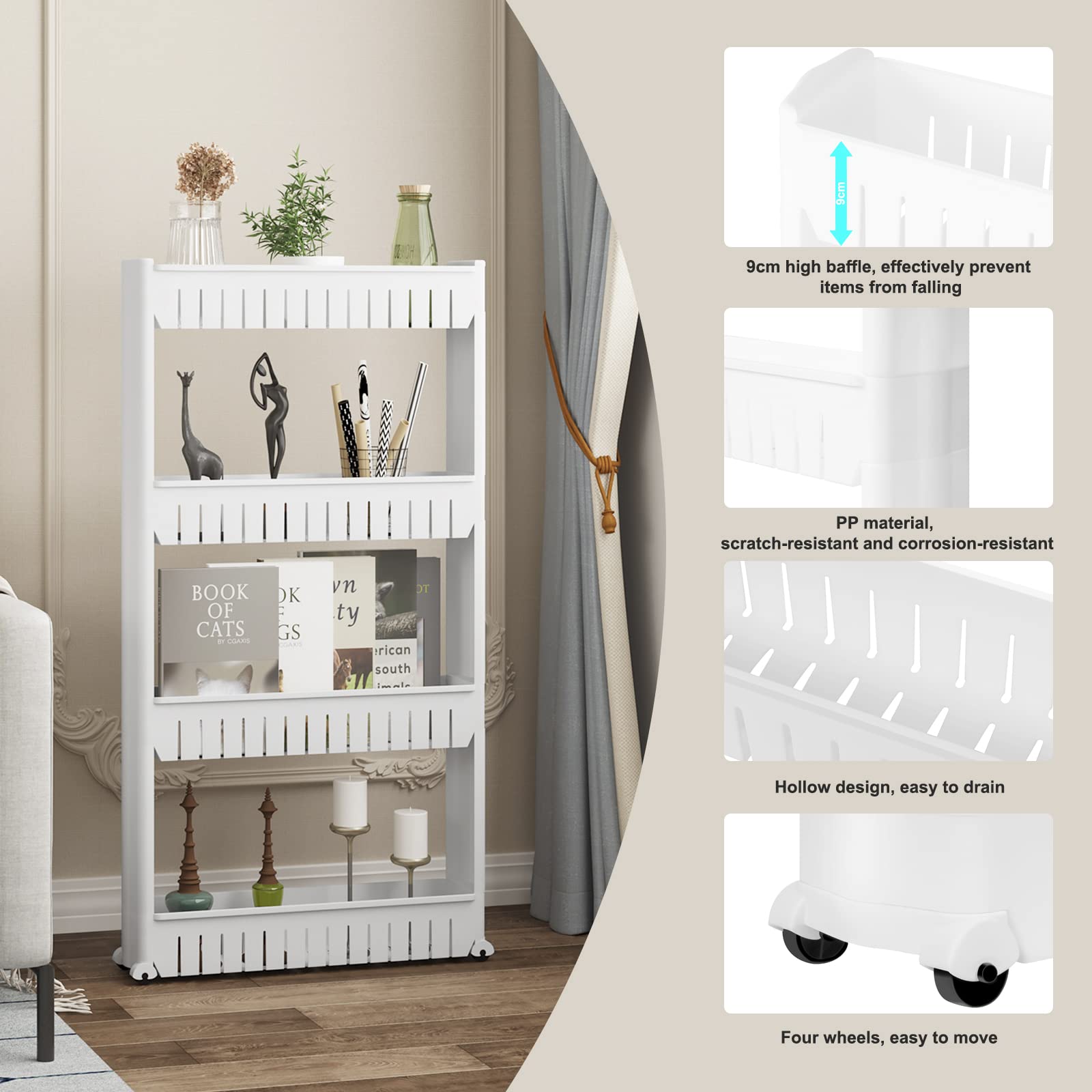 WOLTU Carrello da Cucina con Ruote, Carrellino da Cucina Salvaspazio a 4 Livelli, Scaffale Stretto Portaoggetti per Bagno, Ufficio, in PP, Bianco, 54x13x102cm, RGB36ws