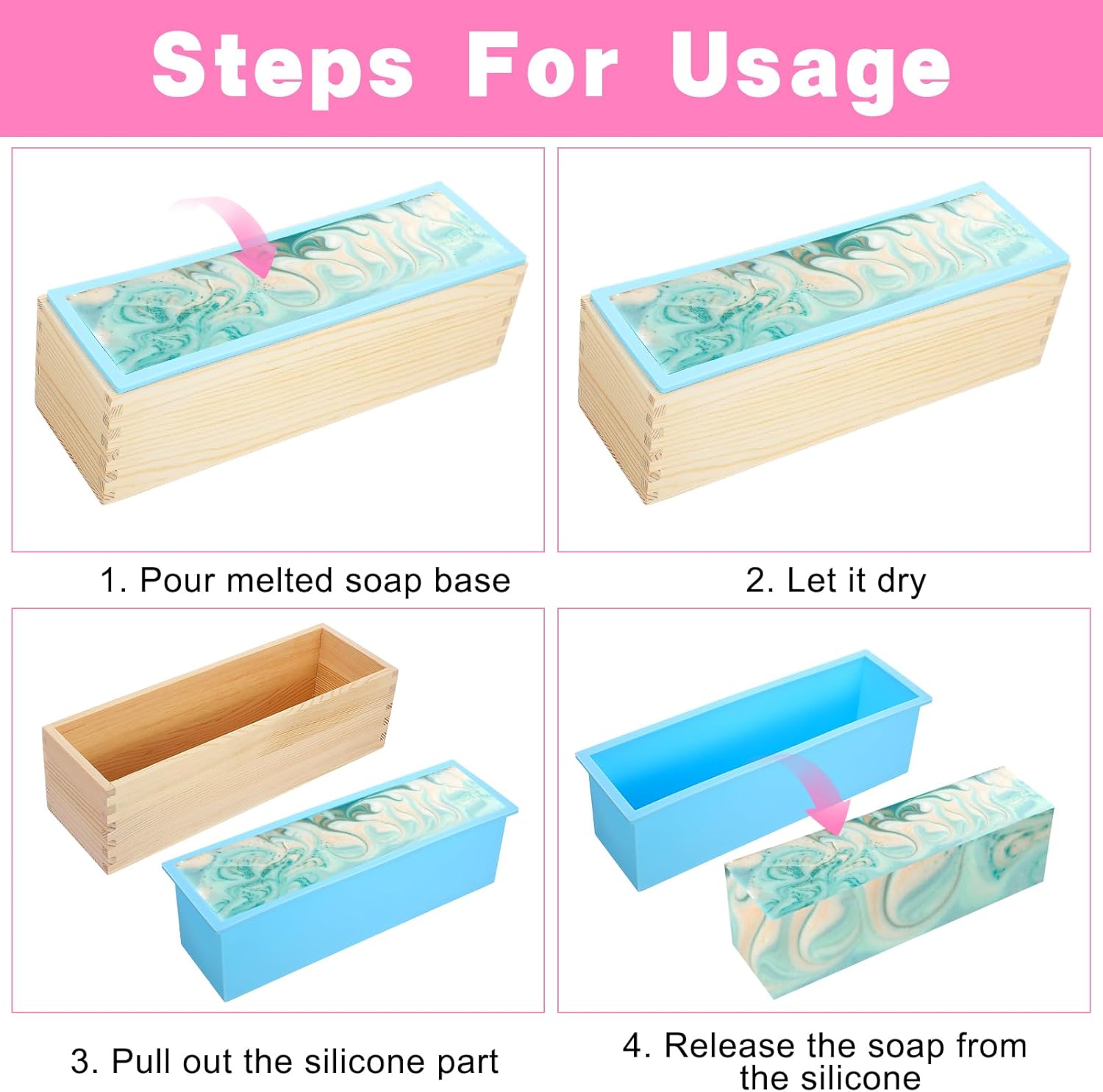 3 Pcs Soap Making Molds with Wood Box Tray, Flexible Rectangular Silicone Soap Molds for Homemade Craft DIY Tool (Blue, Pink, Green)