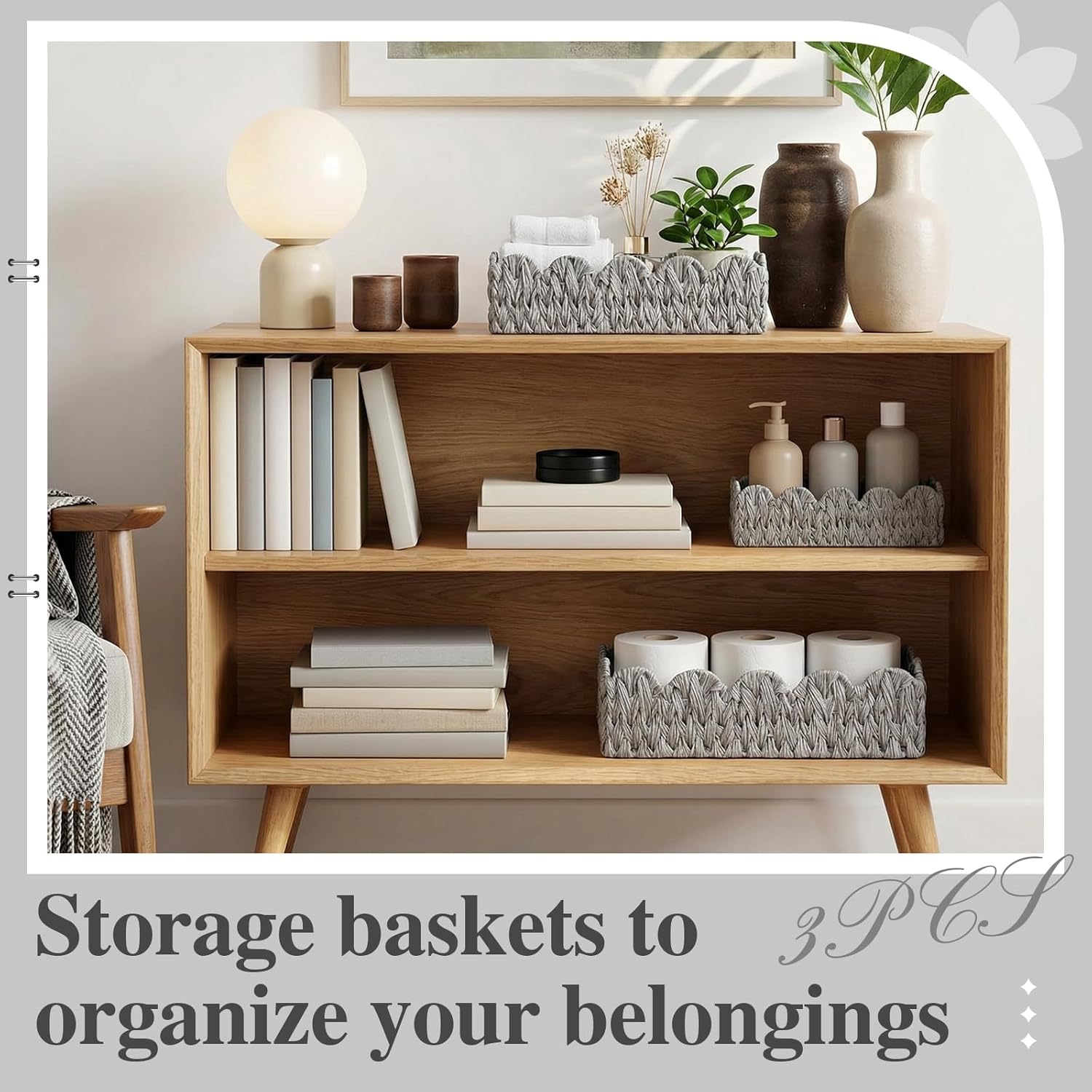 3Pack Toilet Paper Basket for Organizing Scalloped Edge Wicker Basket with Handles Toilet Tank Paper Holder Storage for Bathroom Bedroom Countertop Shelf Decor(Gray,Plastic)