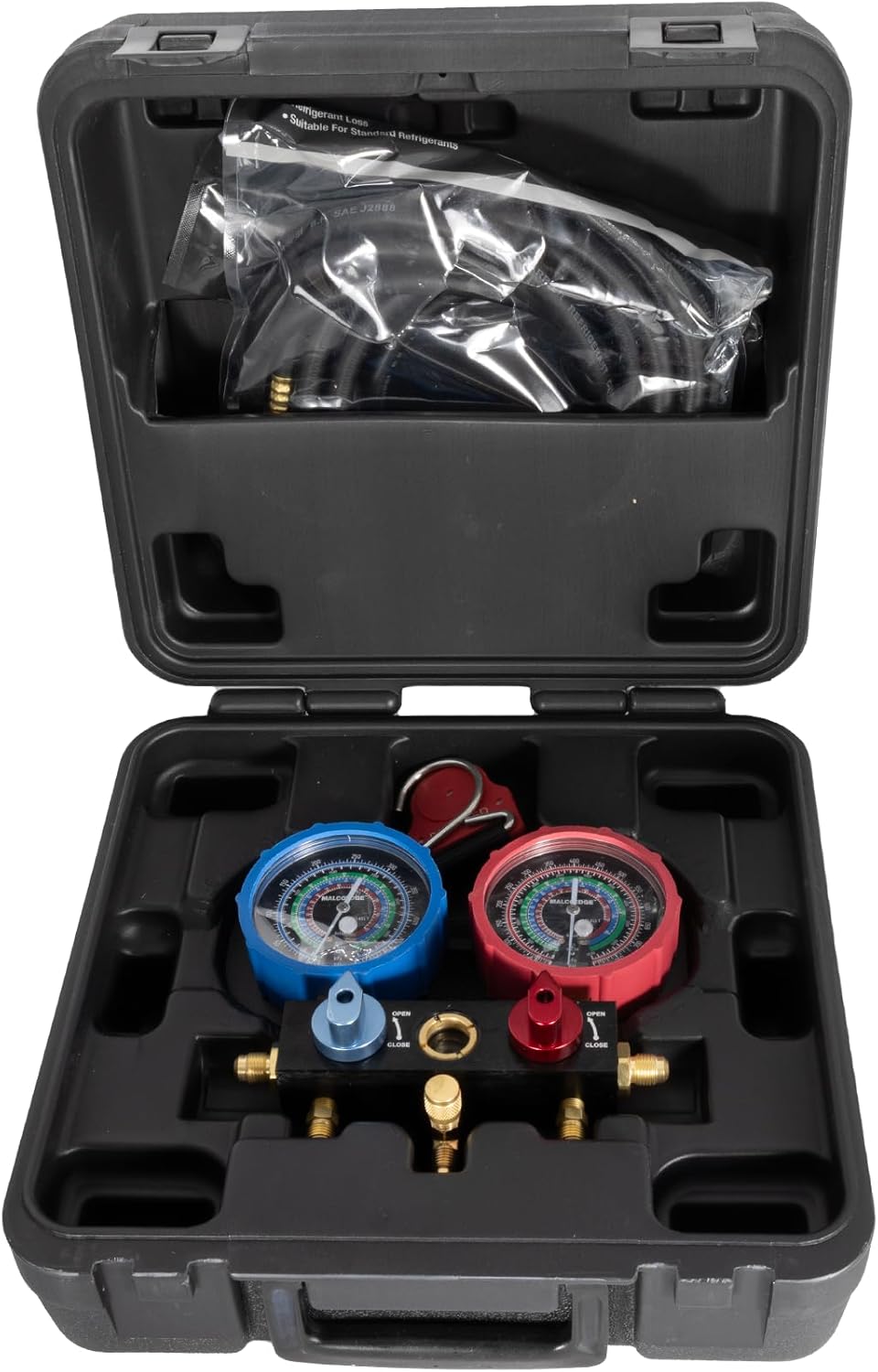 MalcoEdge M2VKA2L 2-Valve A2L HVAC Manifold Kit – R32, R410A, R454B – with Safe Seal Hose Set, Magnetic Strap & Carry Case – Spring-Loaded Valves