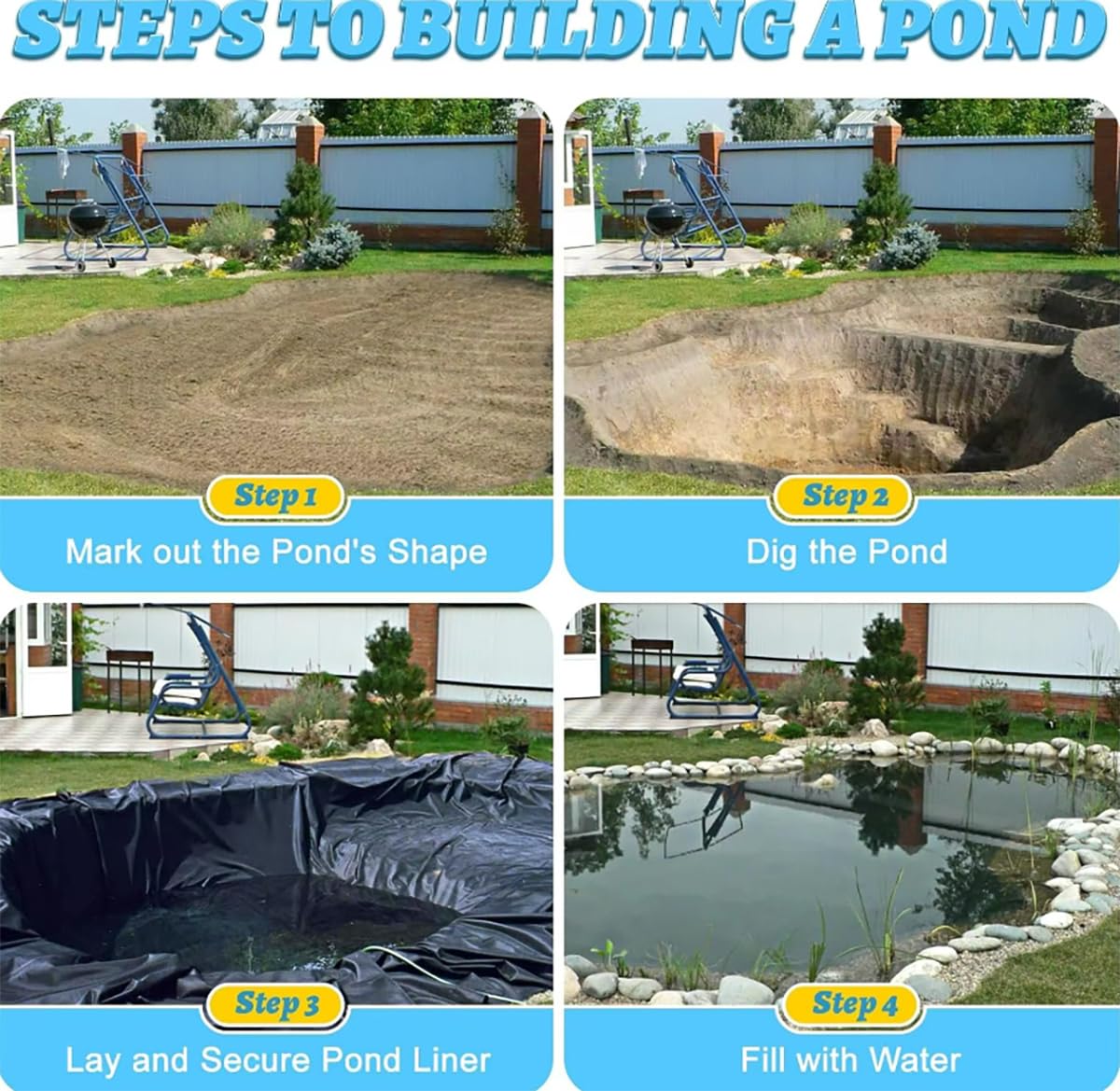 Rivestimenti per laghetti per laghetti esterni 20S Rivestimento per laghetto per pesci Membrana per giardino acquatico Easy Cutting Rivestimento per laghetto in HDPE nero per cascata (Size:10mx15m)
