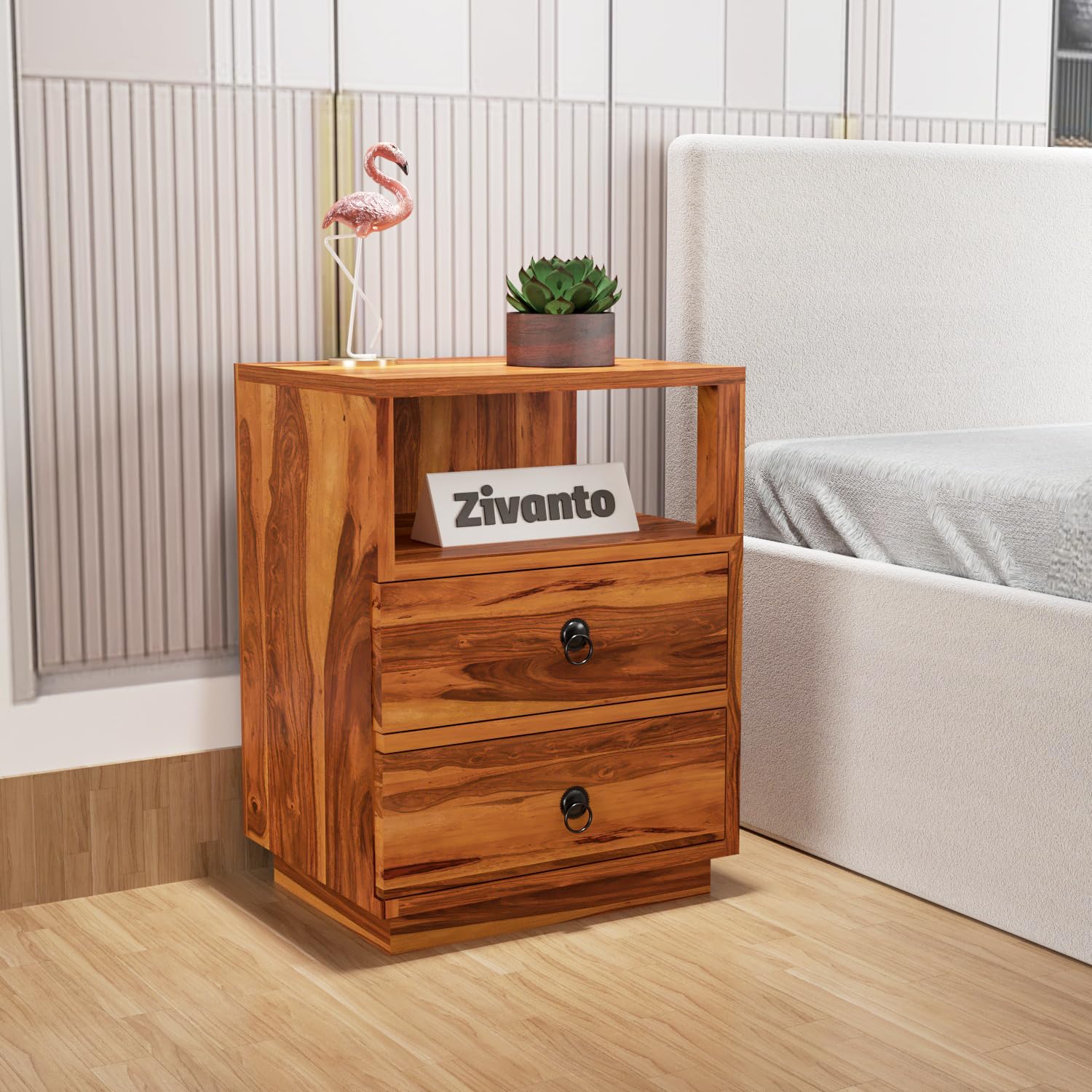 Zivanto Sheesham Wood Bedside Table for Bedroom | Wooden Side End Table | 2 Drawers Storage | Right-Hand Side | Teak Brown Finish-image-18