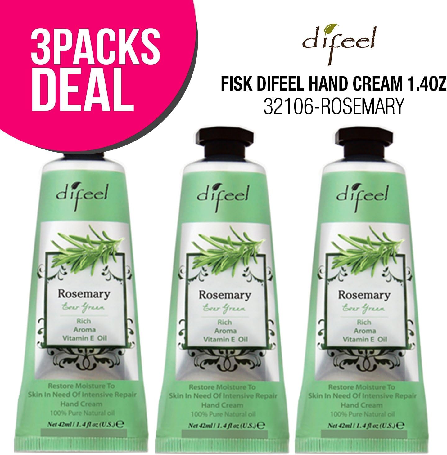 (3 PACK) Difeel Hand Cream 1.4oz (ROSEMARY) for Dry Hand Aging Hand, Moisturizing