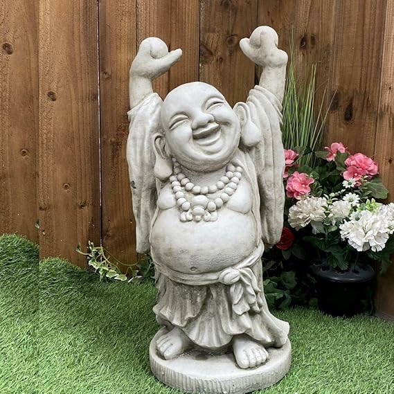 DGS STATUES Stone Cast, Hands Up Stretching Fat Buddha Giggling, Hand Finished, Large, Statue