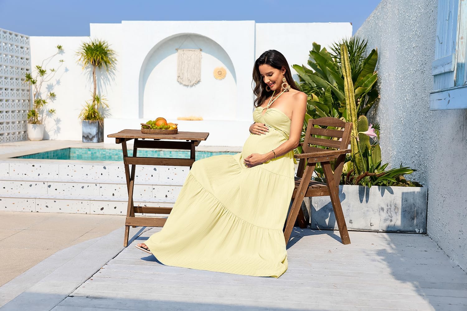 CYCLAMEN Maternity Halter Summer Vacation Dress, Yellow, M