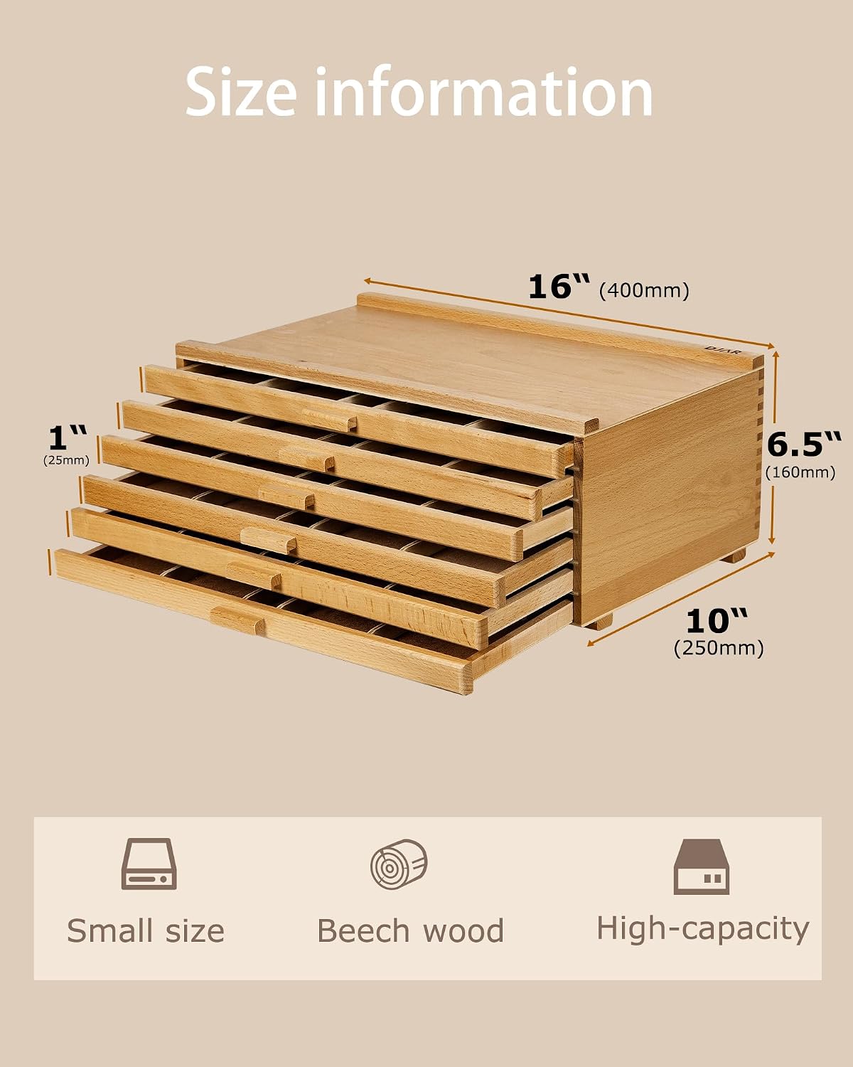 DJAR 6-Drawer Art Supply Storage Box, Portable Beech Wood Organizer with Removable Dividers for Brushes, Pastels, Markers, and Other Art Tools, Natural