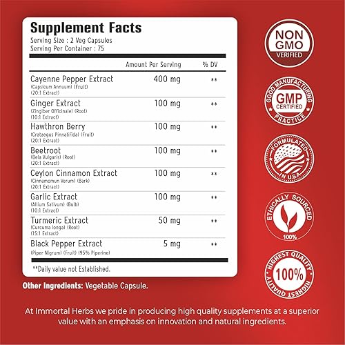 Miniatura 2 de Cápsulas de pimienta de cayena con ajo, jengibre, espino, cúrcuma, canela, raíz de remolacha y extracto de pimienta negra, 150 cápsulas de cayena,