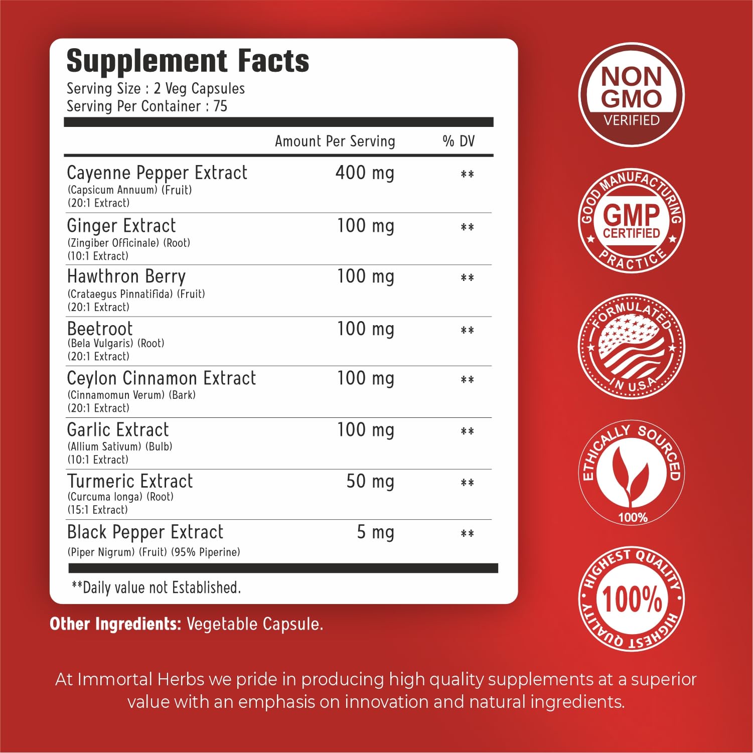 Immortal Herbs Cayenne Pepper Capsules w/Garlic, Ginger, Hawthorn, Turmeric, Cinnamon, Beet Root and Black Pepper Extract, 150 Cayenne Capsules, Non-GMO & Gluten Free Capsaicin Supplement