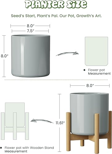 Miniatura 9 de Maceta de cerámica de 6.5 pulgadas con soporte, incluye orificio de drenaje y platillo, maceta de escritorio moderna de mediados de siglo para