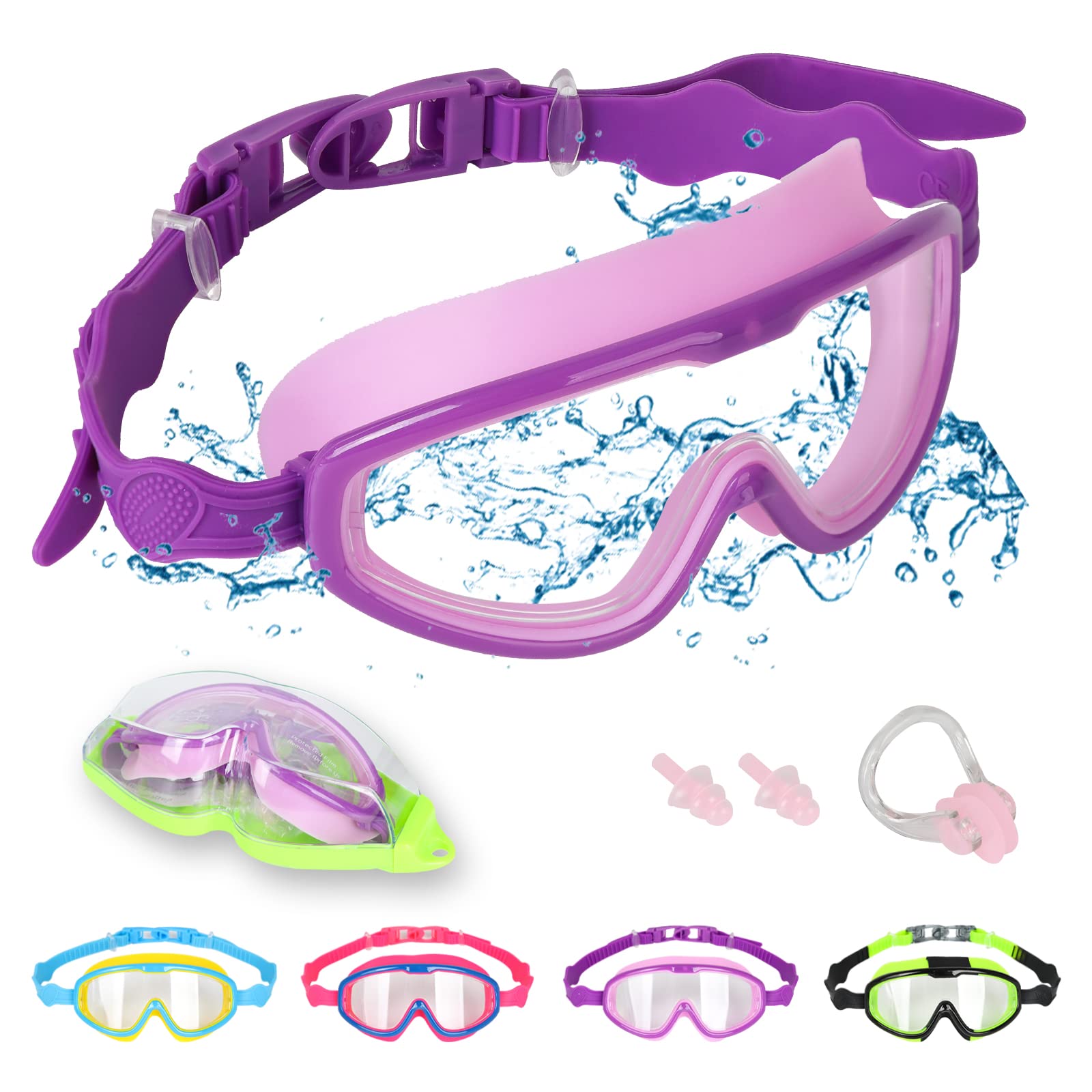 Jodsen Gafas de Natación para Niños, Gafas de Natación para Niños y Niñas de 5 a 12 años, Gafas Profesionales para Niños con Protección UV, Antifugas, con Clip para la Nariz y Tapones para Los oídos