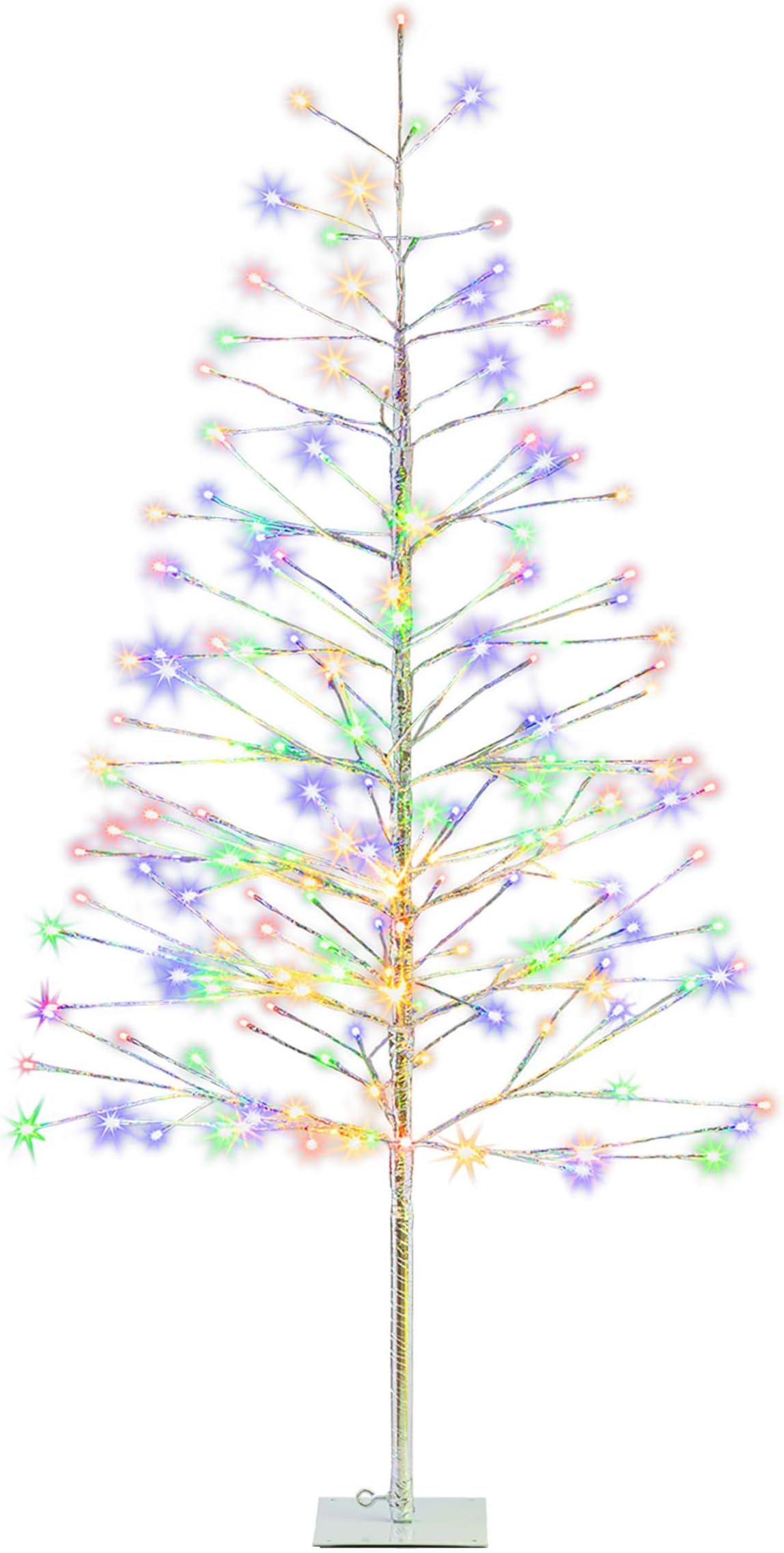 60" Tall Artificial Christmas Tree, 180 Multi-Colored LED Lights, Indoor Outdoor Plug-in Holiday Decoration or Lawn Display, Silver