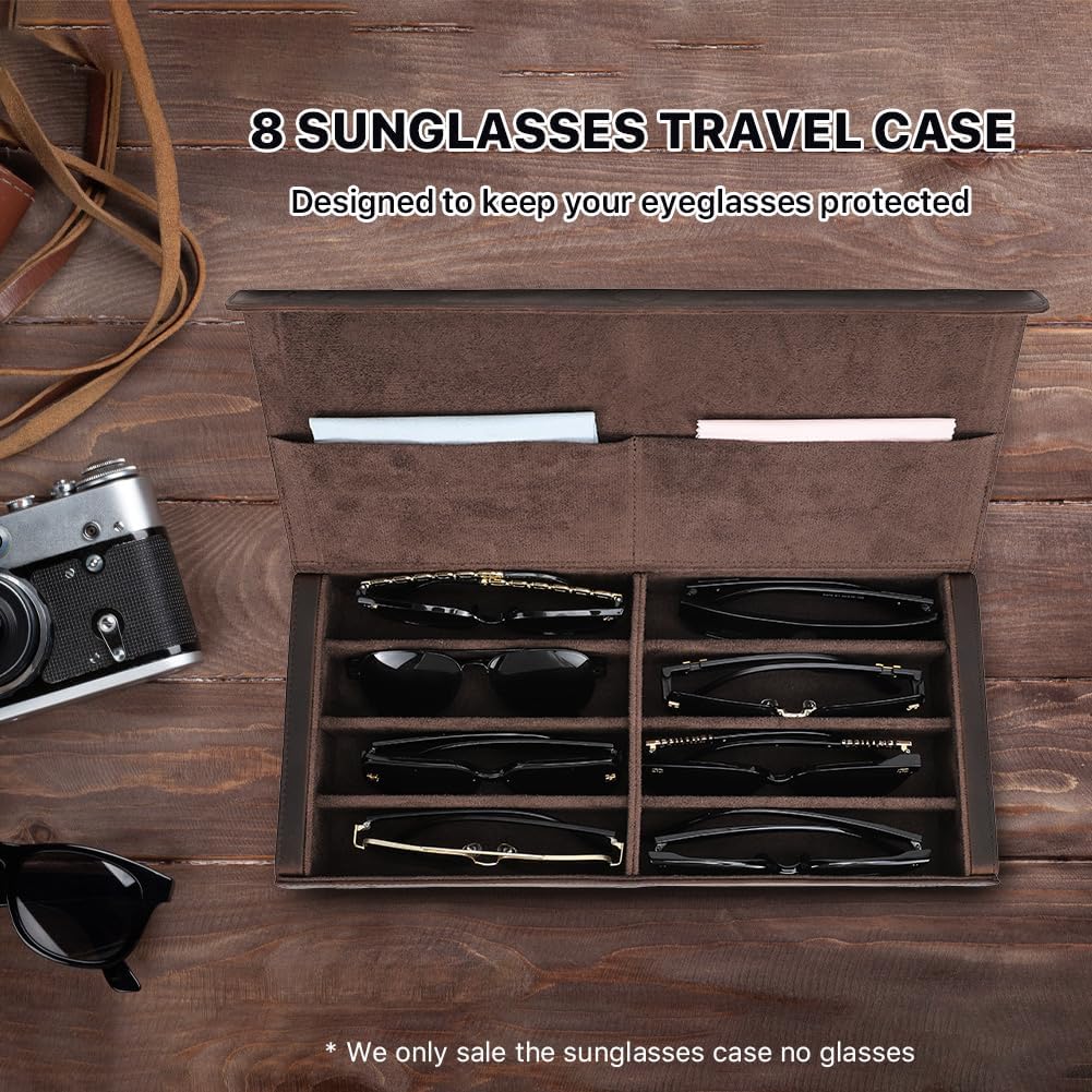 Hiram 8 Slot Sunglasses Case Genuine Crazy Horse Leather Eyeglasses Box Vintage Handmade Glasses Holder for Men Women Travel Car Office