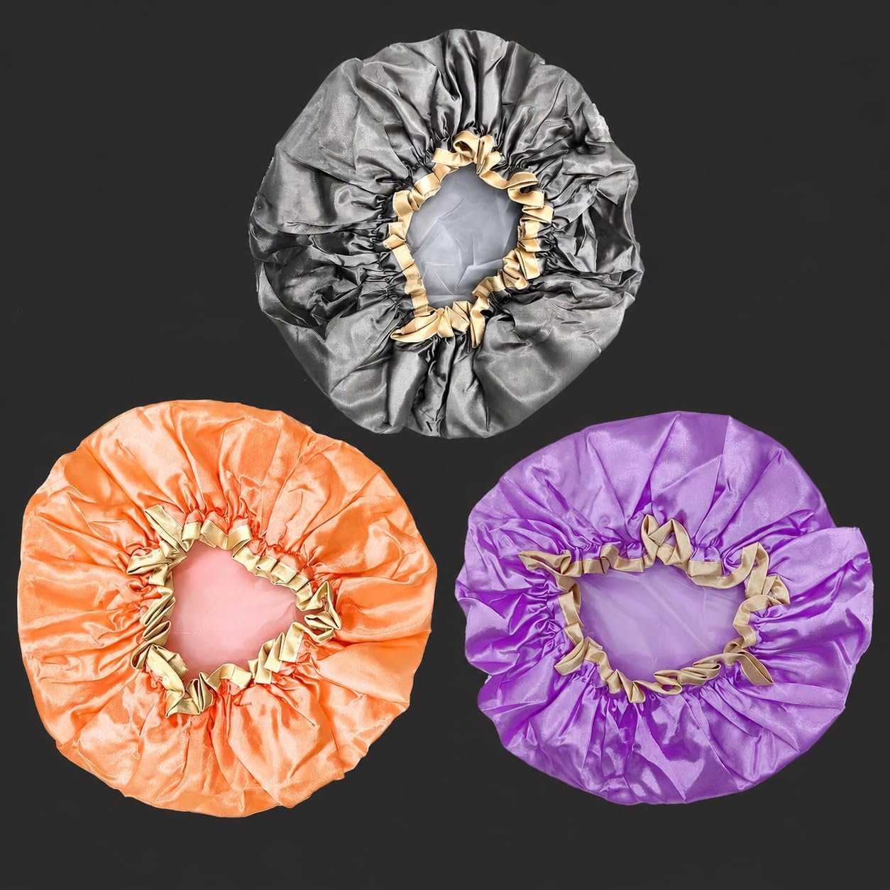 Women Waterproof Shower Cap, Free Size | Double Layer (Golden Border Shower Cap, Quantity - 3)