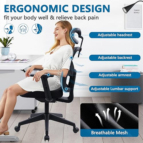 Miniatura 5 de CLATINA Silla de oficina ergonómica de malla con respaldo alto y soporte lumbar ajustable, reposacabezas 3D, reposabrazos de elevación, sillas