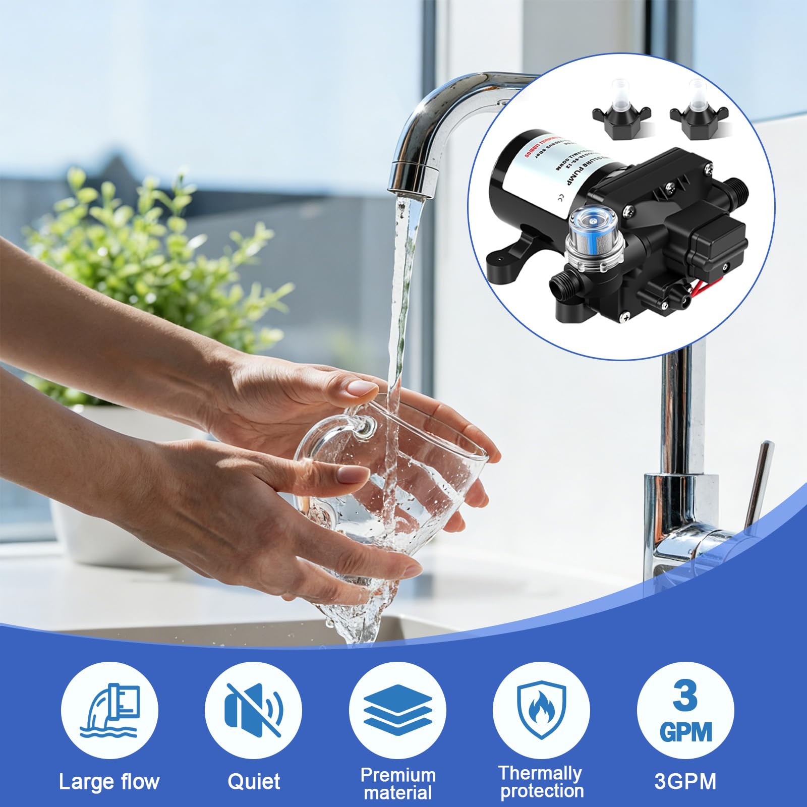 Selbstansaugende Wasserpumpe 12v für Wohnmobil, 4008-101-E65 Druckwasserpumpe 12v Wohnmobil, 4-Kammer-Membranpumpe mit einstellbarem Druckschalter (55 PSI/3,8 bar), PVC & Kupfer, 3 GPM/11.3 LPM