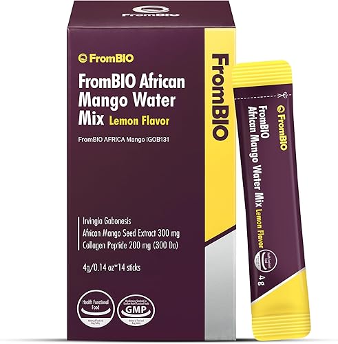 FromBIO Mezcla de agua de mango africano sabor limón (0.14 onzas, 14 varillas)  Irvingia GabonesisExtracto de semilla de mango africano 300 mg,