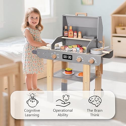 Miniatura 6 de Juego de parrilla de madera para niños, juego realista de barbacoa con herramientas para asar y alimentos, juguete de parrilla para niños a partir