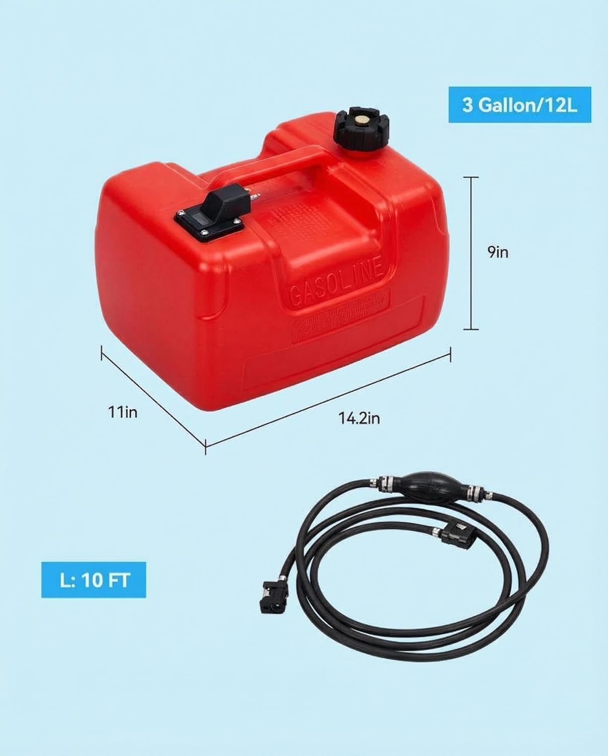 Portable Plastic Container 3 Gallon, 12L Transfer Tank with Hose Line, i-Shaped Handle, Water Level Indicator, Easy to Carry