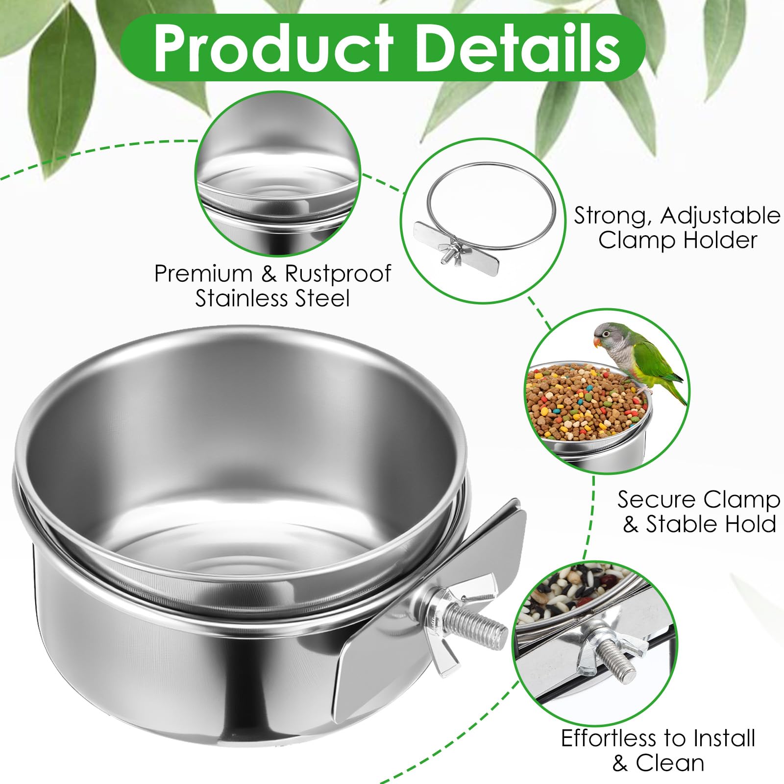 10 Pack Stainless Steel Bird Food Bowls with Clamp Holder, Parrot Feeding Dish Cups for Cage, Rustproof Bird Water Feeders for Cockatiel Conure Budgie Parakeet Macaw Lovebird Small Animals - image 3