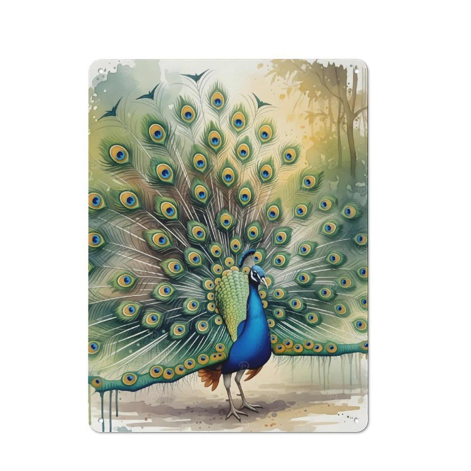 Junmoney Watercolor Peacock With Displayed Feathers Rustic Metal Wall Sign 40X30cm For Café Or Restaurant, Gift Idea At Christmas For Café Owners And Decorators