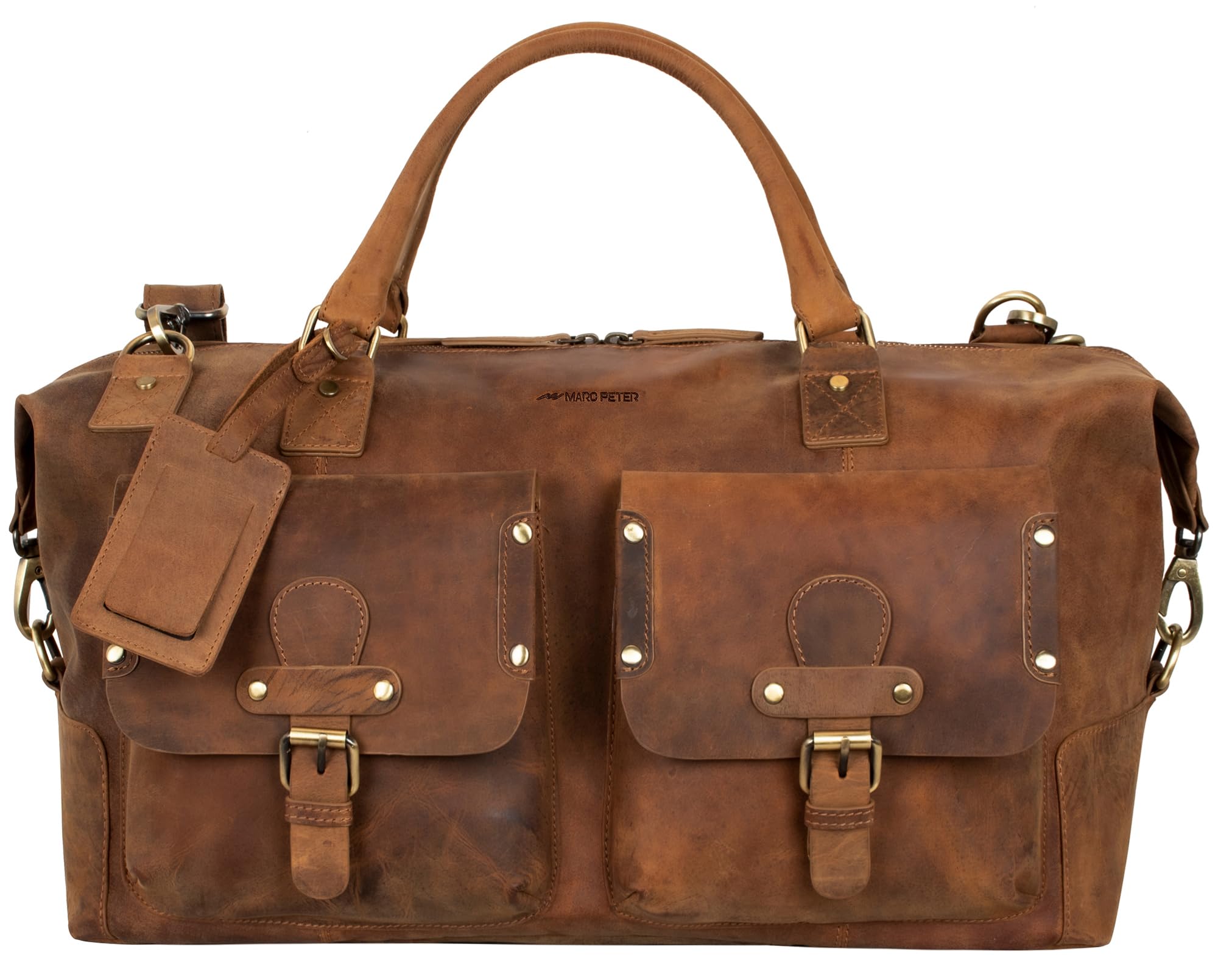 Marc Peter® Keneddy Reisetasche | Herren Vintage Bräune Leder Weekender zum Umhängen Overnight Duffle Bag | Echtes Buffleder Großes XL Reisegepäck Tasche fur Herren und Damen