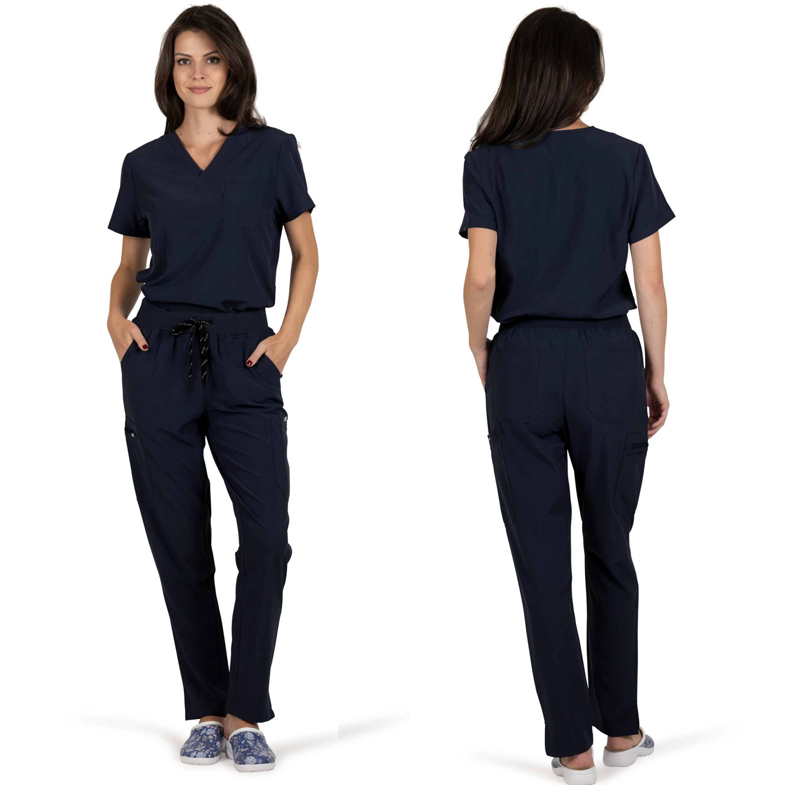 B-well BELLA Damen-Schrubb-Set Schlupfkasack + Schlupfhose Set Medizin Arzt Uniform Schlupfjacke Oberteil mit Hose Medizinische Berufsbekleidung mit Elastan (Schwarz, XL)