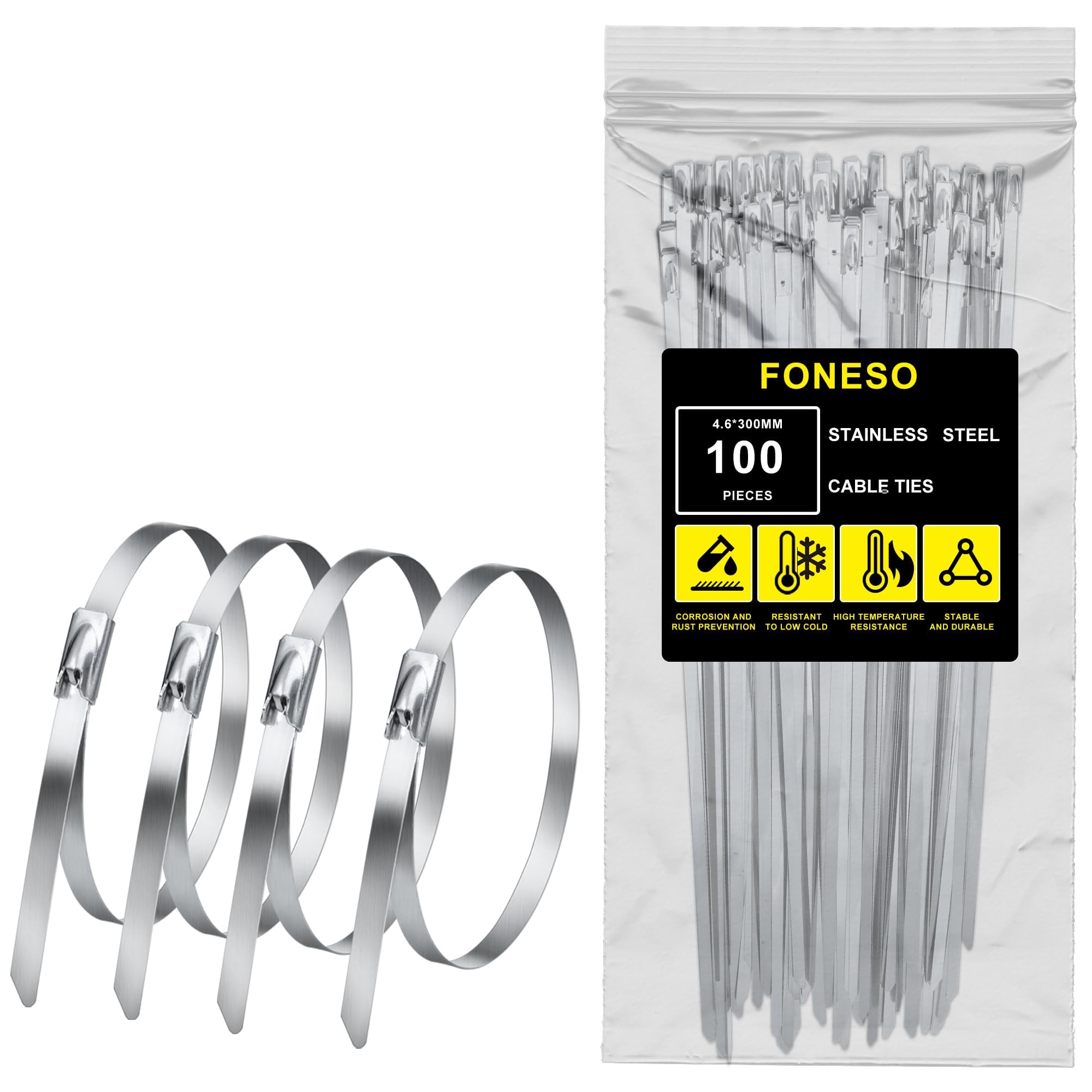 Stainless Steel Cable Ties, Foneso 100 Pcs 11.8 Inch Multi-Purpose Self-Locking Metal Zip Ties, Suitable for Exhaust Wrapping, Binding Cable, Automotive, Garden Repair and Fixed Fence