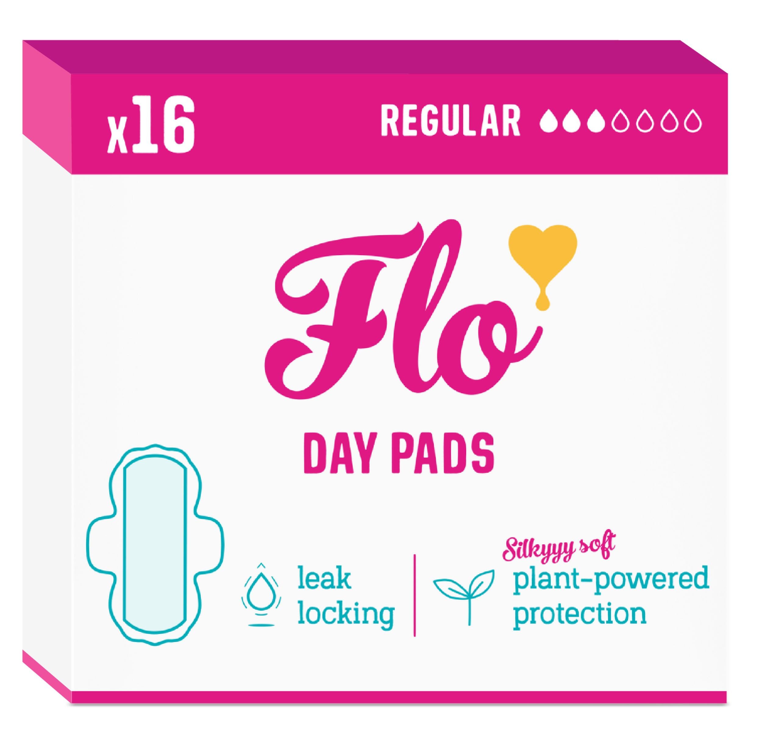 Flo - Day Menstrual Pads (16 Pack) - Organic Bamboo Period Pads for Women - Regular Flow - Leak Locking - Winged, Ultra-Thin - Absorbent, Soft & Breathable - Plant Based – Vegan, Cruelty Free