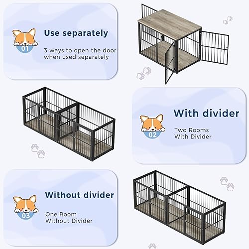 Miniatura 4 de Mueble de jaula para perros de 86.62 pulgadas, soporte de TV de raza grande con habitaciones dobles, mesa auxiliar de madera para perros con divisor