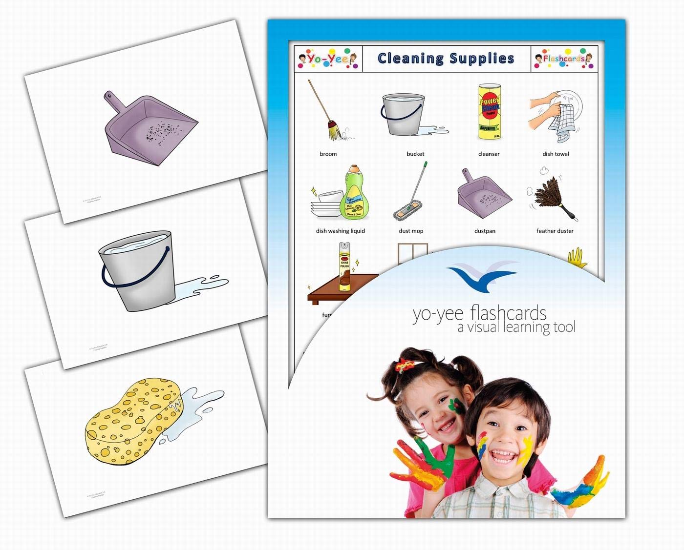 Yo-Yee Flashcards - Cleaning Supplies Picture Cards in English for Toddlers, Kids, Children and Adults - Including Teaching Activities and Game Ideas