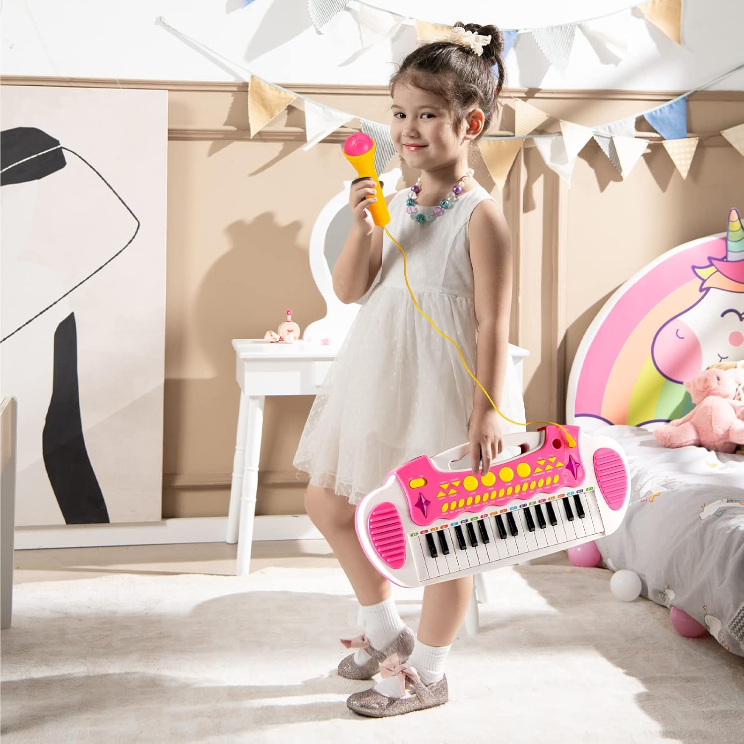 Kids Electronic Piano, 31 Keys Toddler Piano with Microphone, Stool & Lights, Musical Instruments Toy with Multiple Sounds, Christmas Birthday Gifts for Ages 3+ Boys / Girls, Pink