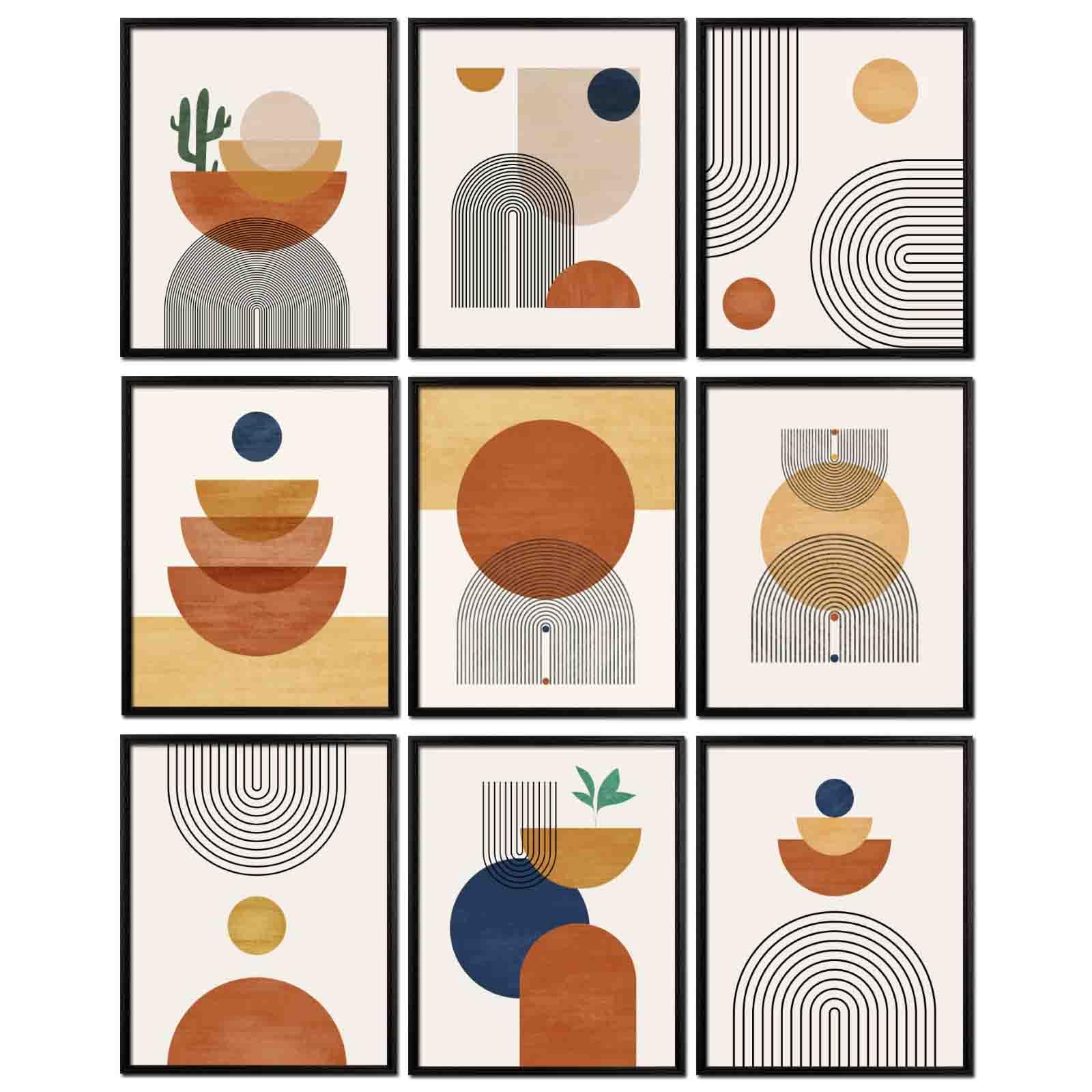 AKBOK 9Pcs Boho Posters Wall Art Vintage Geometric Poster Boho Orange Rainbow Print Mid Century Modern Wall Art Decor Set Living Room Bedroom 8" x 10" Unframed