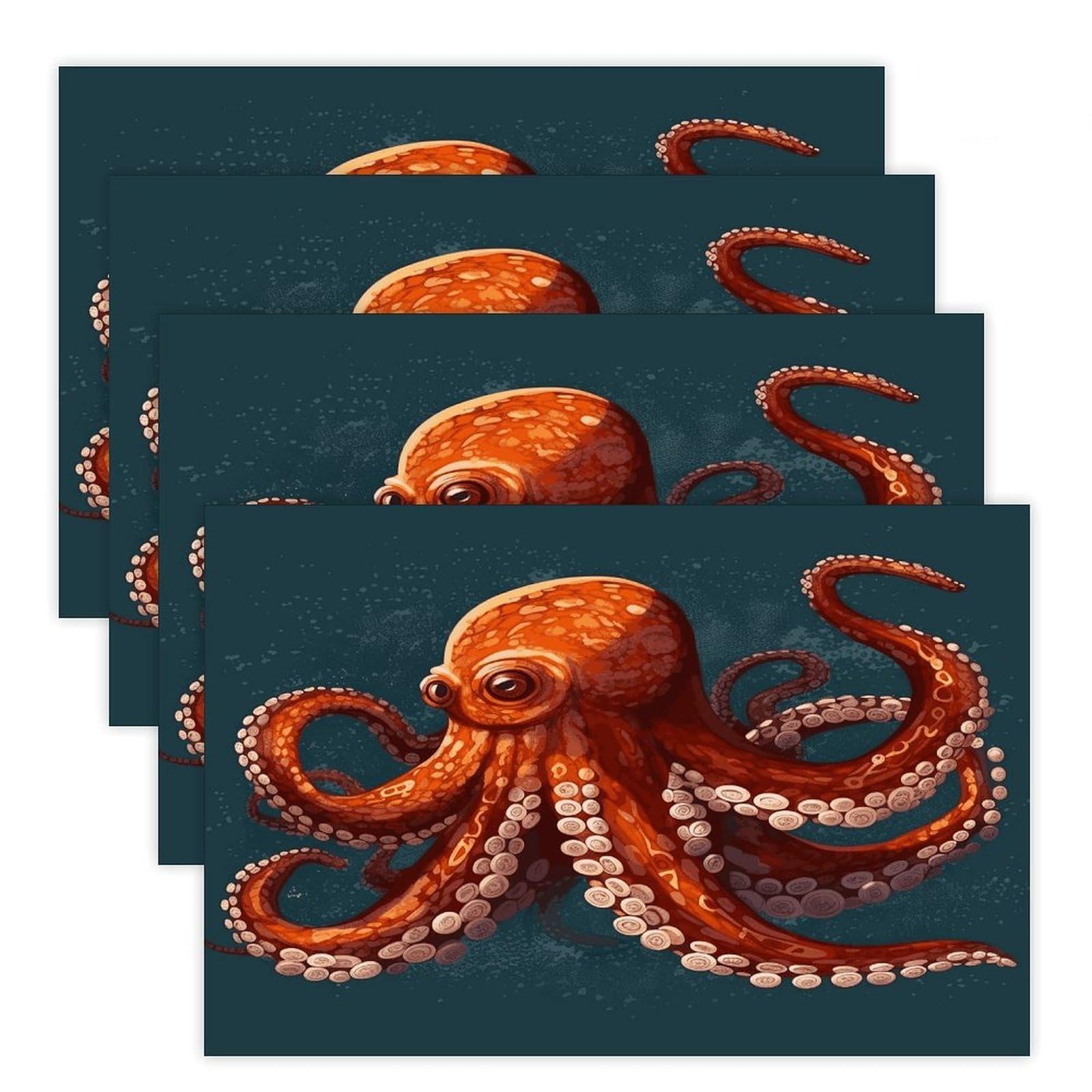 Animal Octopus Placemats Heat-Resistant Washable Place Mats Anti Slip Dining Table Place Mats Wipeable Dining Table Mats Kitchen Decoration Placemats 17.7’’×11.8’’