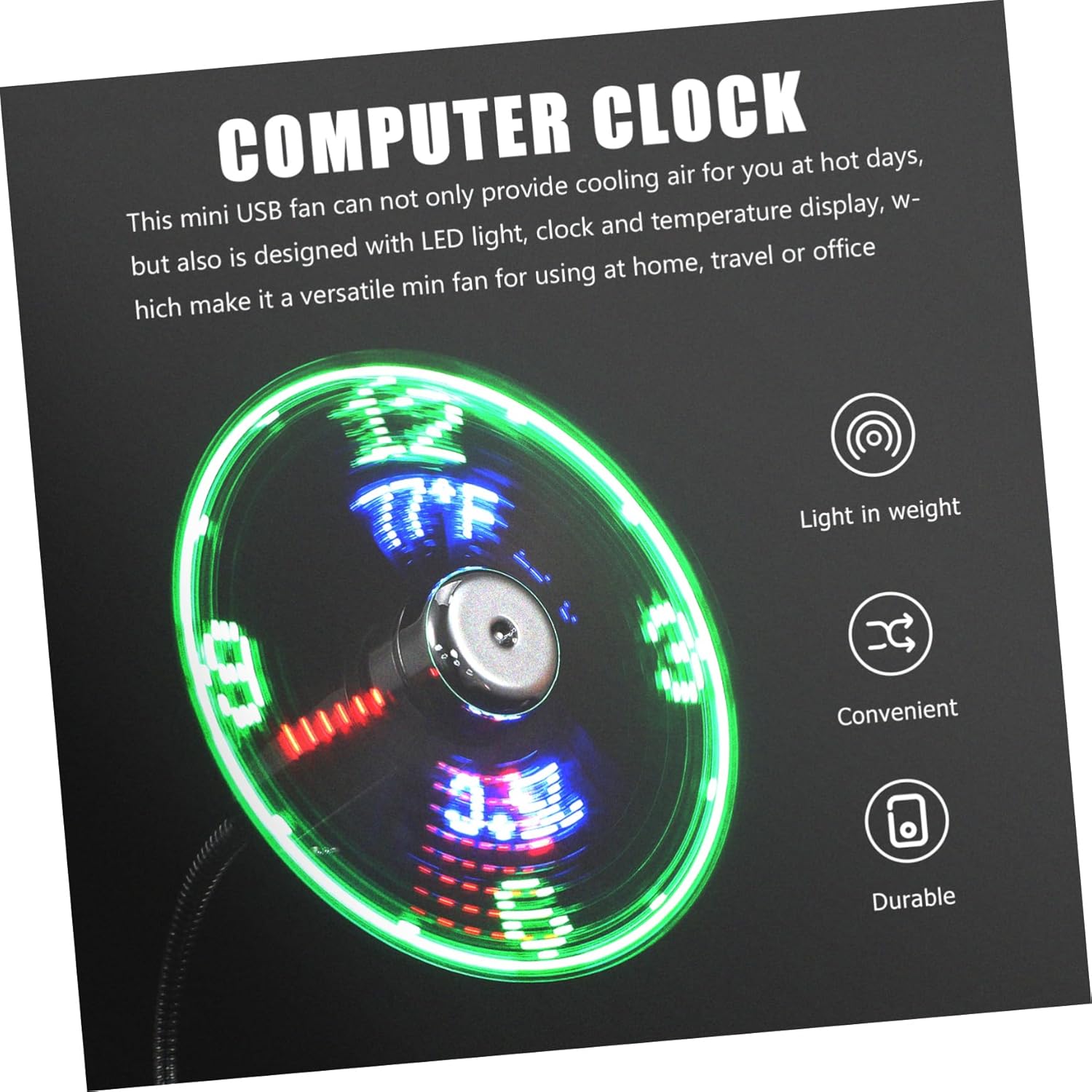 Uonlytech 3pcs Led Usb Clock Fan with Temperature Display Mini Portable Fan for Home Office and Travel Flexible Gooseneck for Boys and Girls and Adults