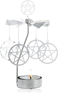 Spinning Tea Light Candle Holder, Silver Pentacle Star Carousel Candle Spinner, Rotary Tealight Display Metal Rotating Witch Decor for Altar Tables, Valentine's Day, Party Decor, Gifts