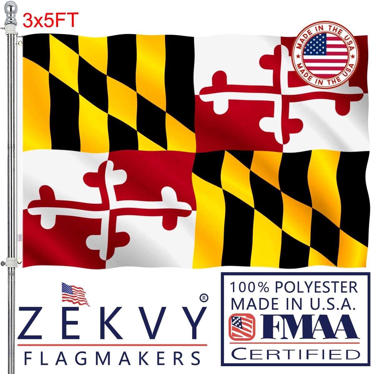 Maryland States Flag 3x5 Outdoor Made in USA - Double Sided Heavy Duty Vivid Color Maryland MD Flags with 2 Brass Grommet