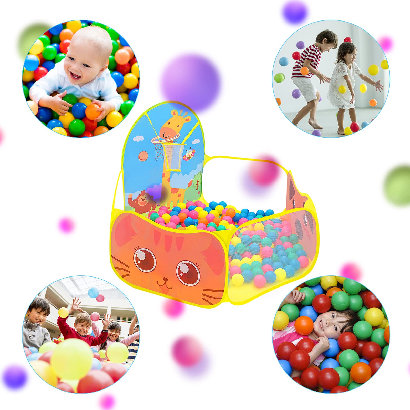Piscine à Balles Enfant, Ruspela Tente de Jeu Pliable pour Enfants avec Panier de Basket-Ball Jaune Pop Up Intérieur et Extérieur Tente Piscine Balles Pliable 120 x 102 x 74cm