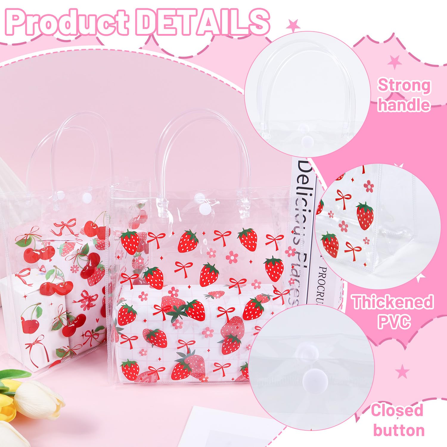Strawberry Clear Party Favor Bags - Sweet Berry Clear Pvc Goodie Candy Bags Fruit Themed Handbag Party Supplies for Wedding Birthday Baby Shower Valentine's Day Mother's Day