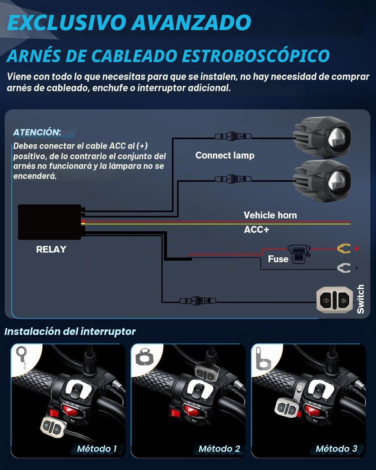 CO LIGHT Paquete de 2 faros antiniebla LED para motocicleta, 60 W, ámbar/amarillo, blanco, dos tonos, luces auxiliares de trabajo todoterreno con arnés de cableado, compatible con motocicleta, coche