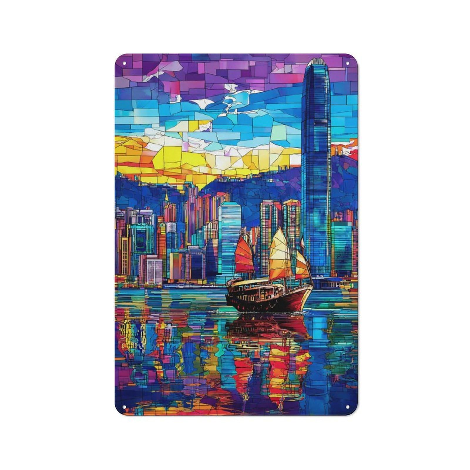 Junmoney Colorful Cityscape With Sailing Boat Metal Plaque With Design 30X20cm, Cosy Diner Style Decor For Coffee Bar, Kitchen, Bistro Or Tea Corner