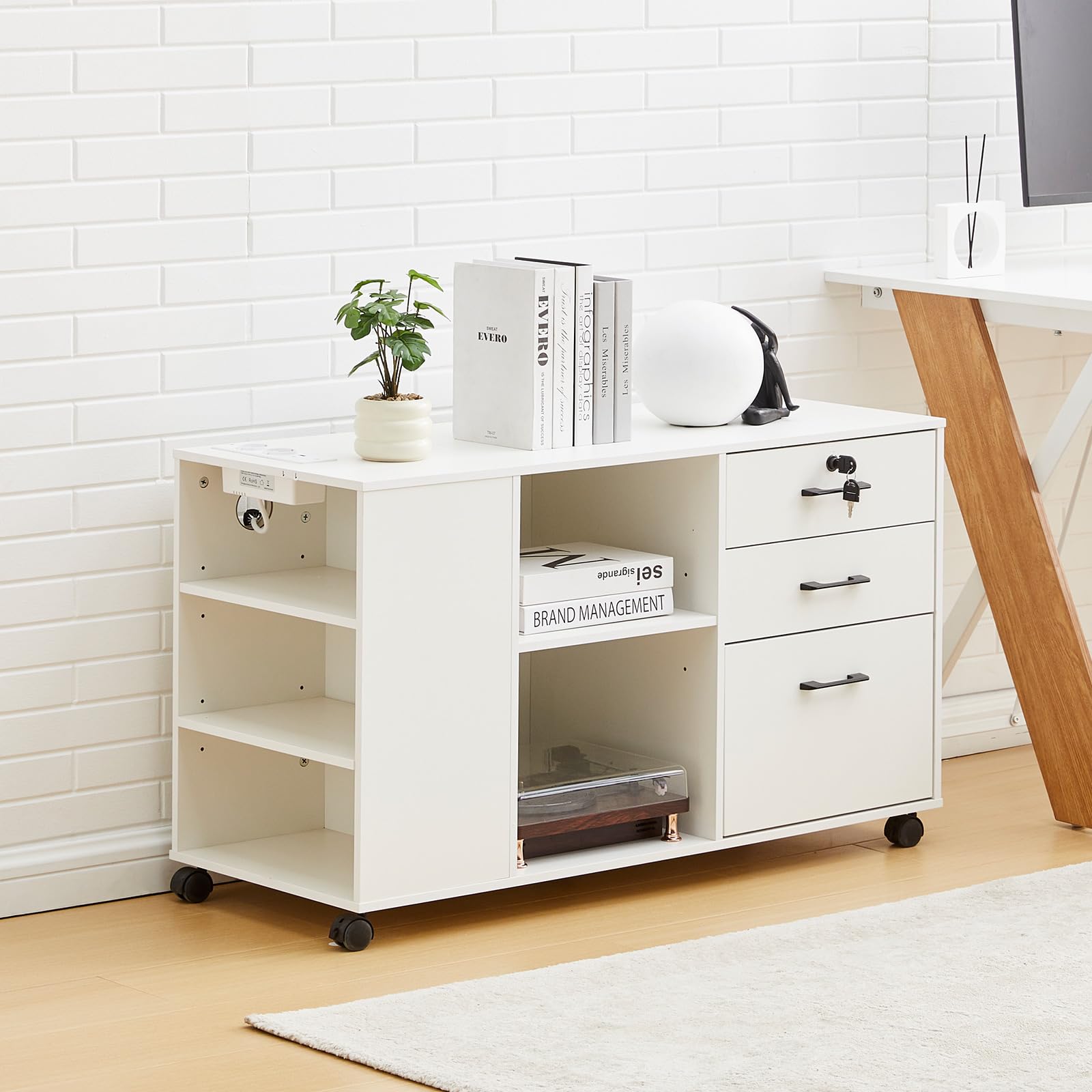 CLIPOP Rollcontainer,abschließbar,mobiler Aktenschrank mit 5 Rollen,3 Schubladen,Schubladenschrank Büroschrank Bürocontainer mit Steckdose,für Büro Zuhause,Weiß
