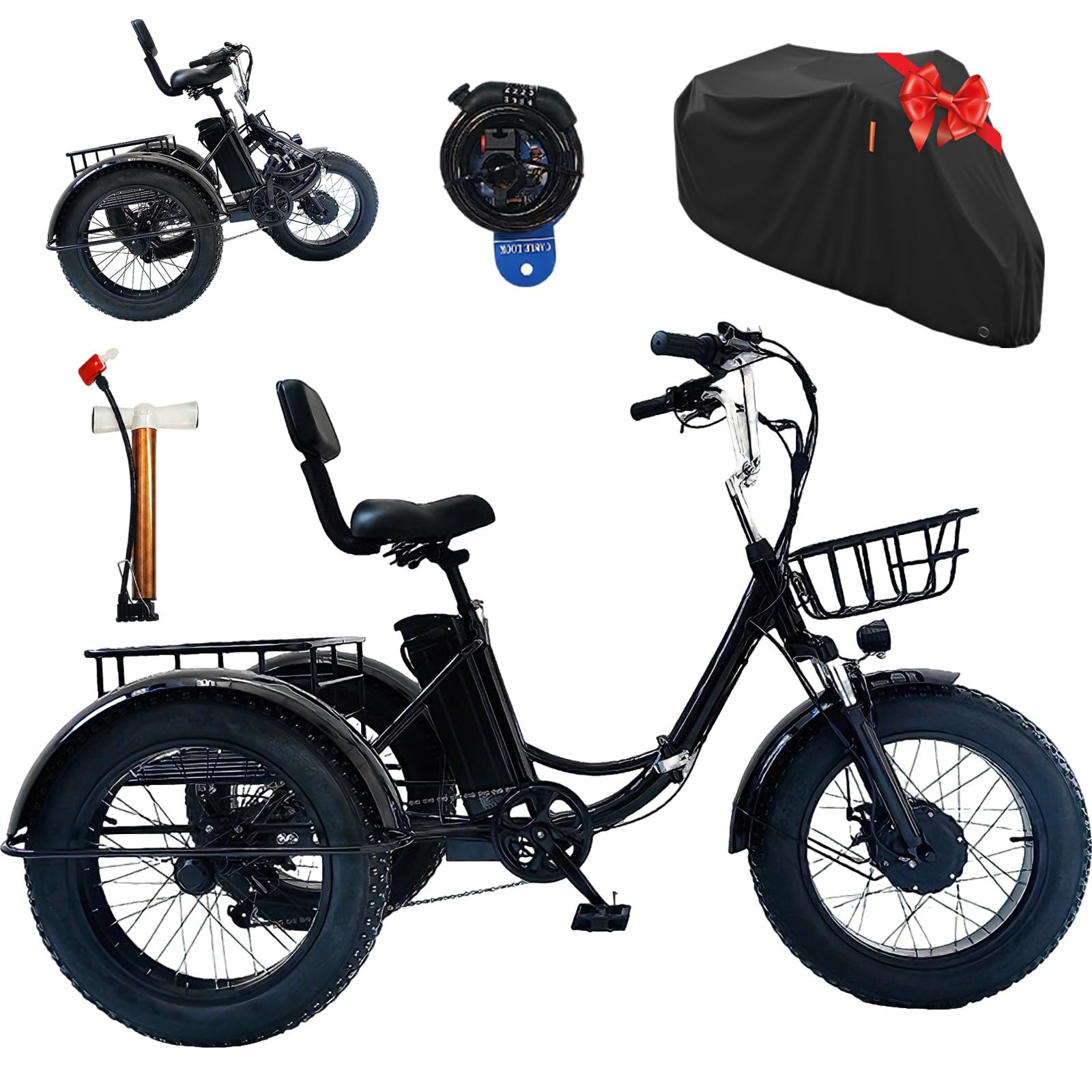 Triciclo Bici Pieghevole Elettrica per Adulti 20 Pollici, Cambio a 7 Rapporti, Freni a Disco Doppi, Display Digitale, Cestini Anteriori e Posteriori per Ciclismo All'Aperto