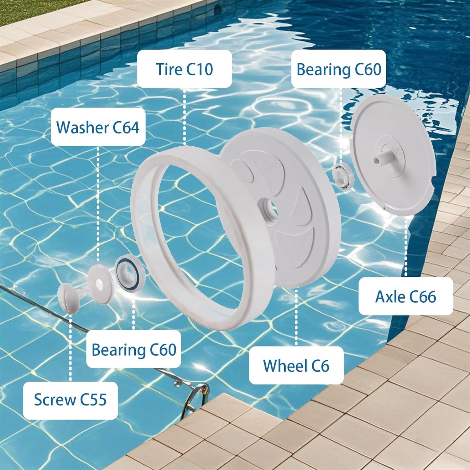 Pool Cleaner tire Wheel C6 Complete Assembly, Full Set of Large Wheel Components for 280 Pool Cleaner (Set of Three)