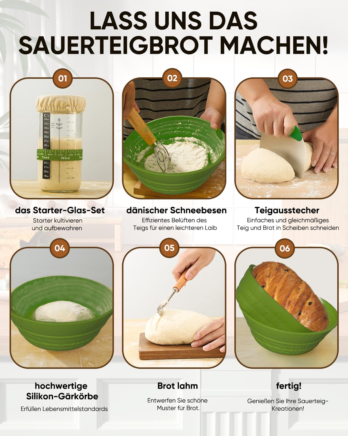 Sauerteig Starterset aus 2x Gärkörbchen Silikon 1000ml Gärglas mit Spatel,Brot Backen Zubehör Teigschneider Dänischer Teigbesen