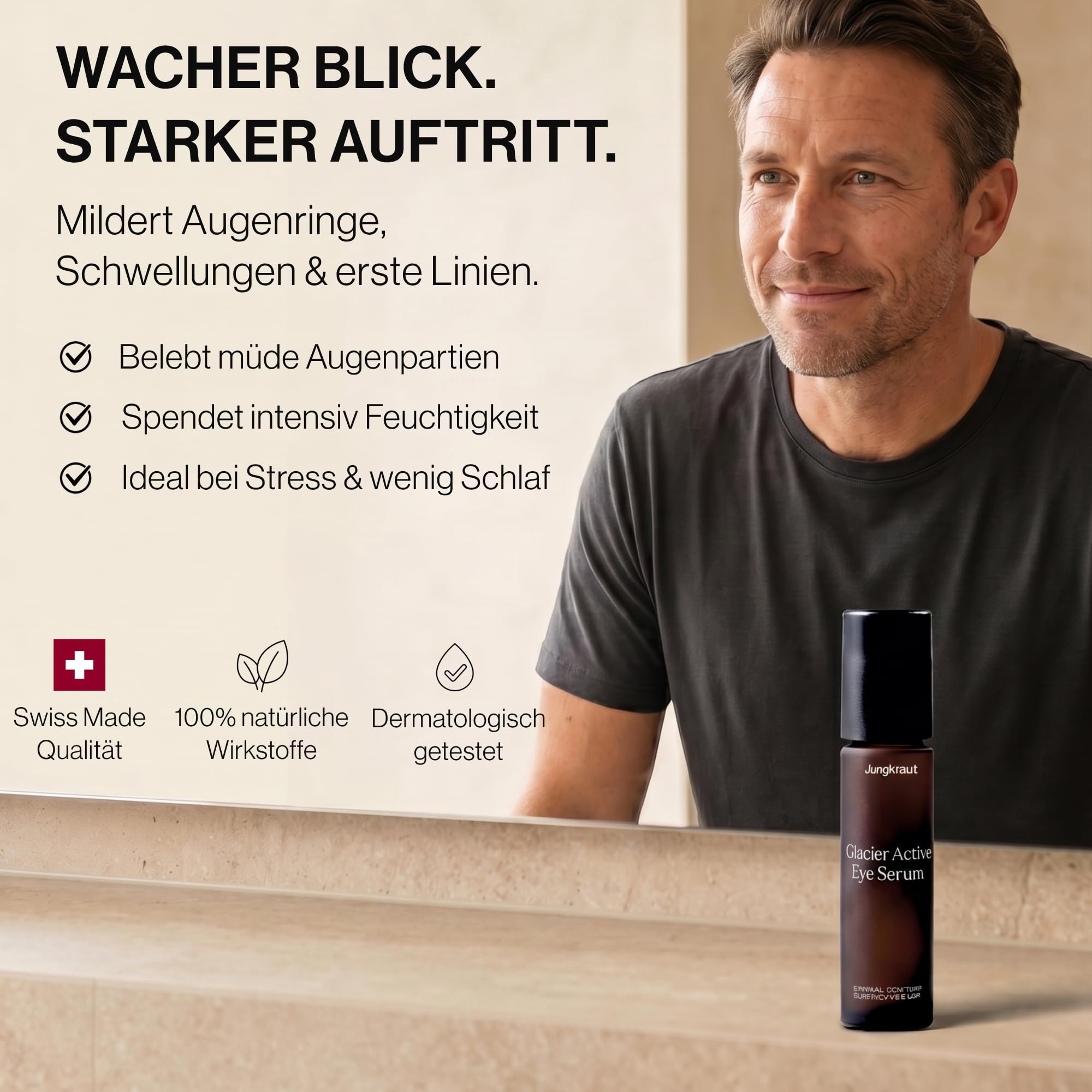 Glacier Active Eye Serum für Männer 10ml, Natürliches, hochkonzentriertes Serum gegen Augenringe, Schwellungen, erste Falten, Mit Hyaluronsäure und Koffein, kühlender Roll-on (vegan)