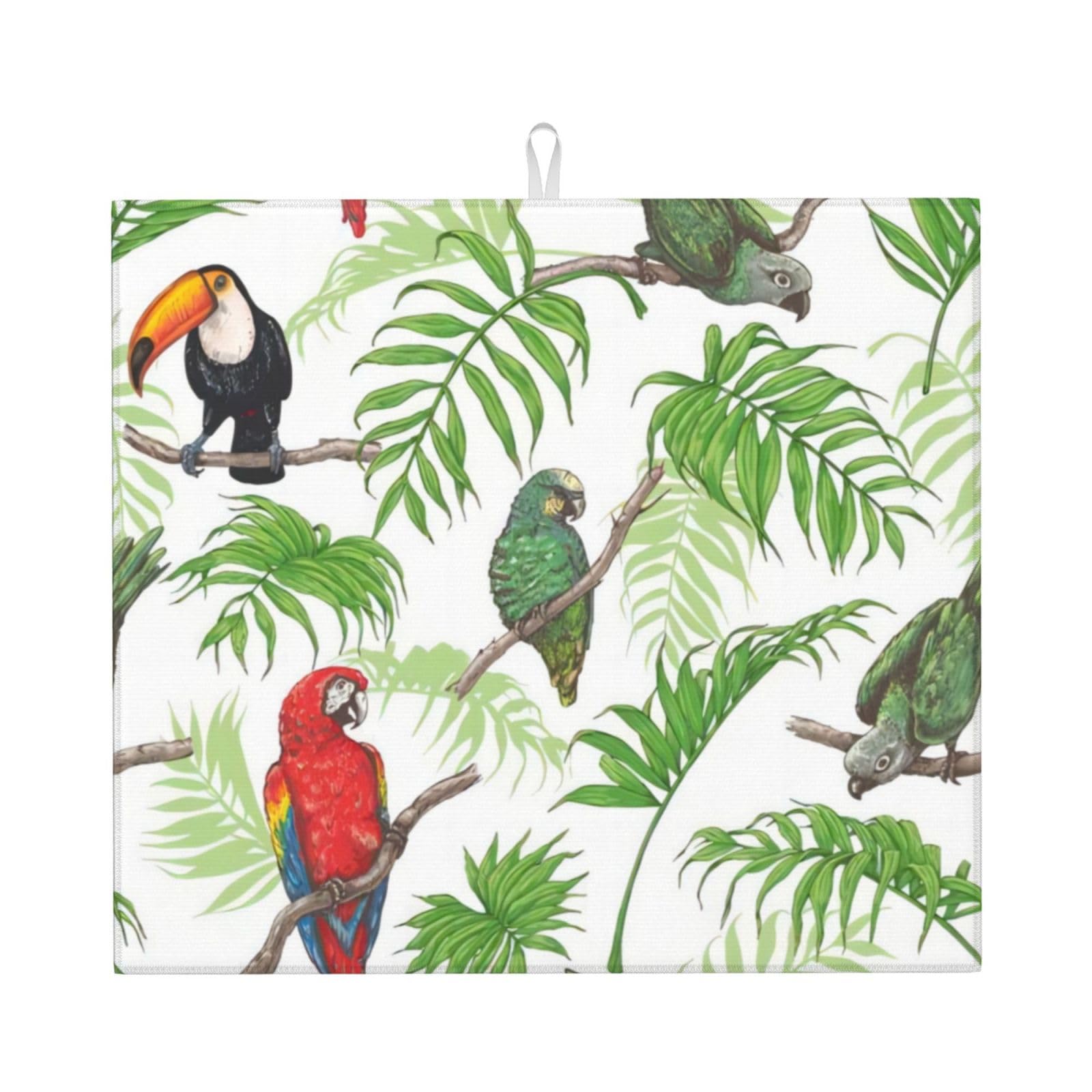 YYHHAOFA Parrot Birds and Tropical Tree Prints Kitchen Drying Mat – Highly Absorbent Microfiber Throw, Non-Slip Counter Cover for Dishes, Fade-Resistant Print & Appliance Protection