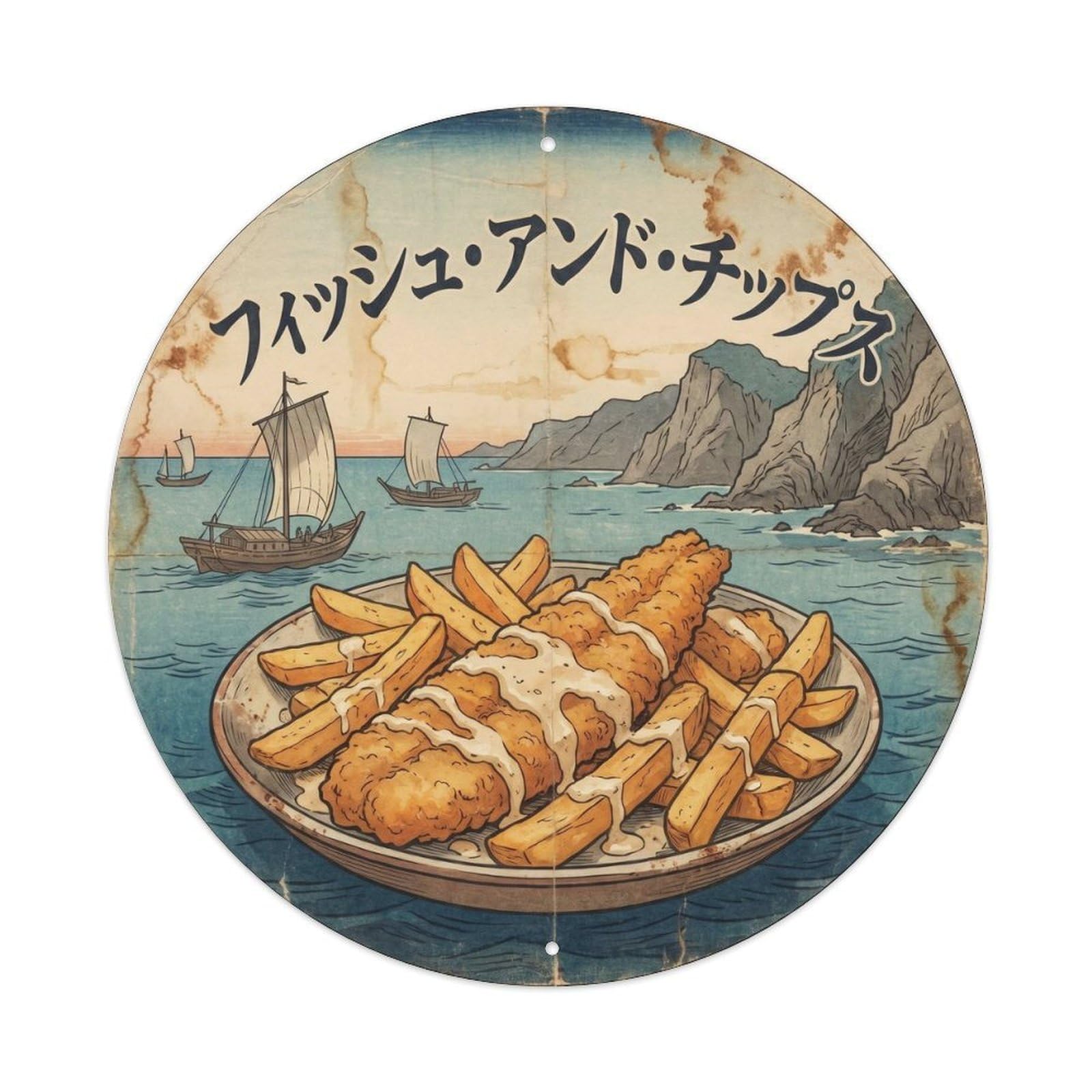 Pitcairn Fish Chips Takeaway Classic Woodblock Culture Metal Tin Sign